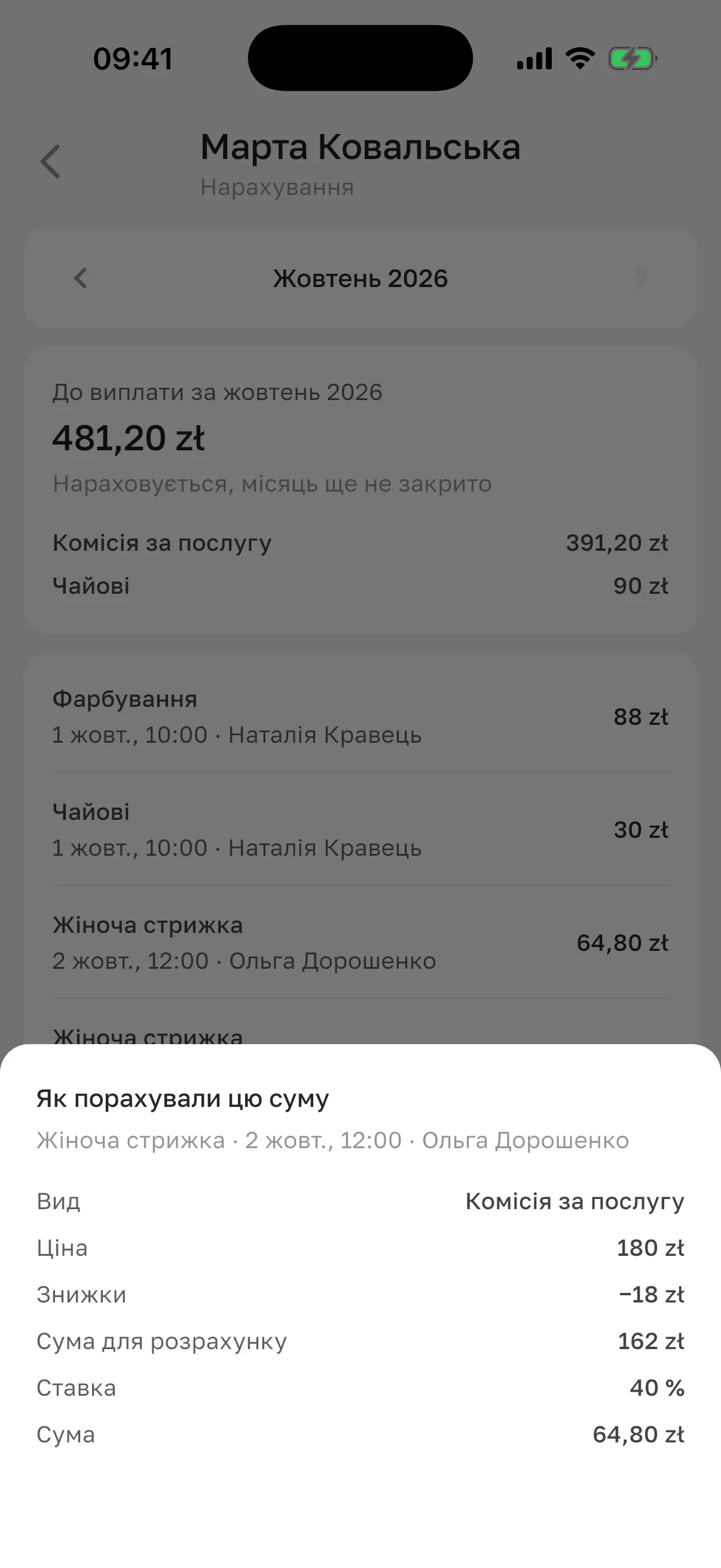Шторка «Як порахували цю суму» для жіночої стрижки: «Вид» – «Комісія за послугу», «Ціна» 180 zł, «Знижки» −18 zł, «Сума для розрахунку» 162 zł, «Ставка» 40 %, «Сума» 64,80 zł