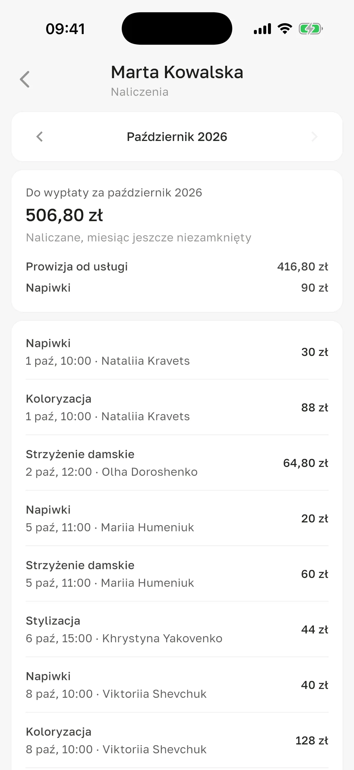 Dziennik „Naliczenia” Marty Kowalskiej za październik 2026: „Do wypłaty za październik 2026” 506,80 zł, „Naliczane, miesiąc jeszcze niezamknięty”, rozbicie „Prowizja od usługi” 416,80 zł i „Napiwki” 90 zł, wiersze według wizyt