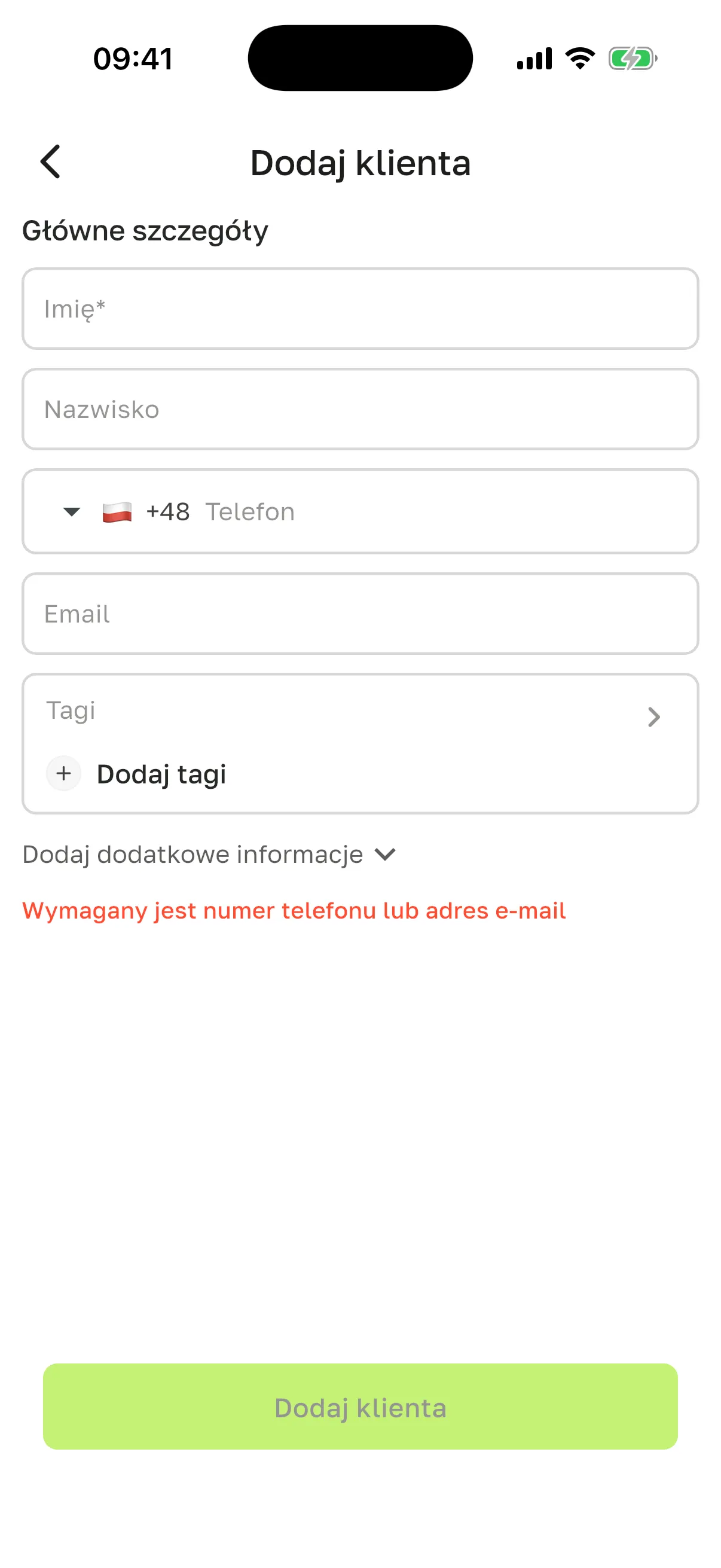 Formularz „Dodaj klienta”: „Imię”, „Nazwisko”, „Telefon”, „Email”, „Tagi”, „Dodaj dodatkowe informacje” i podpowiedź „Wymagany jest numer telefonu lub adres e-mail”