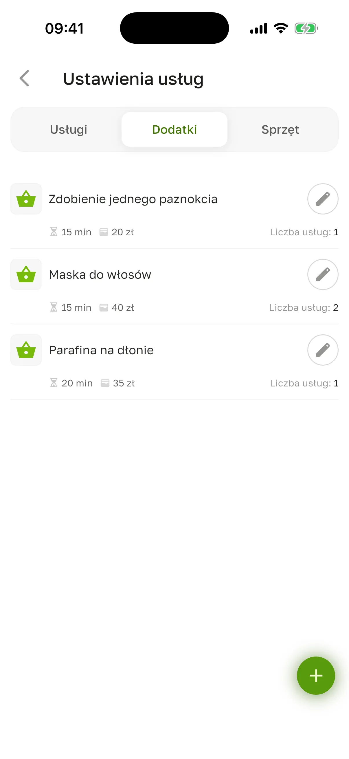 Karta „Dodatki”: czas trwania, cena i liczba usług każdego dodatku