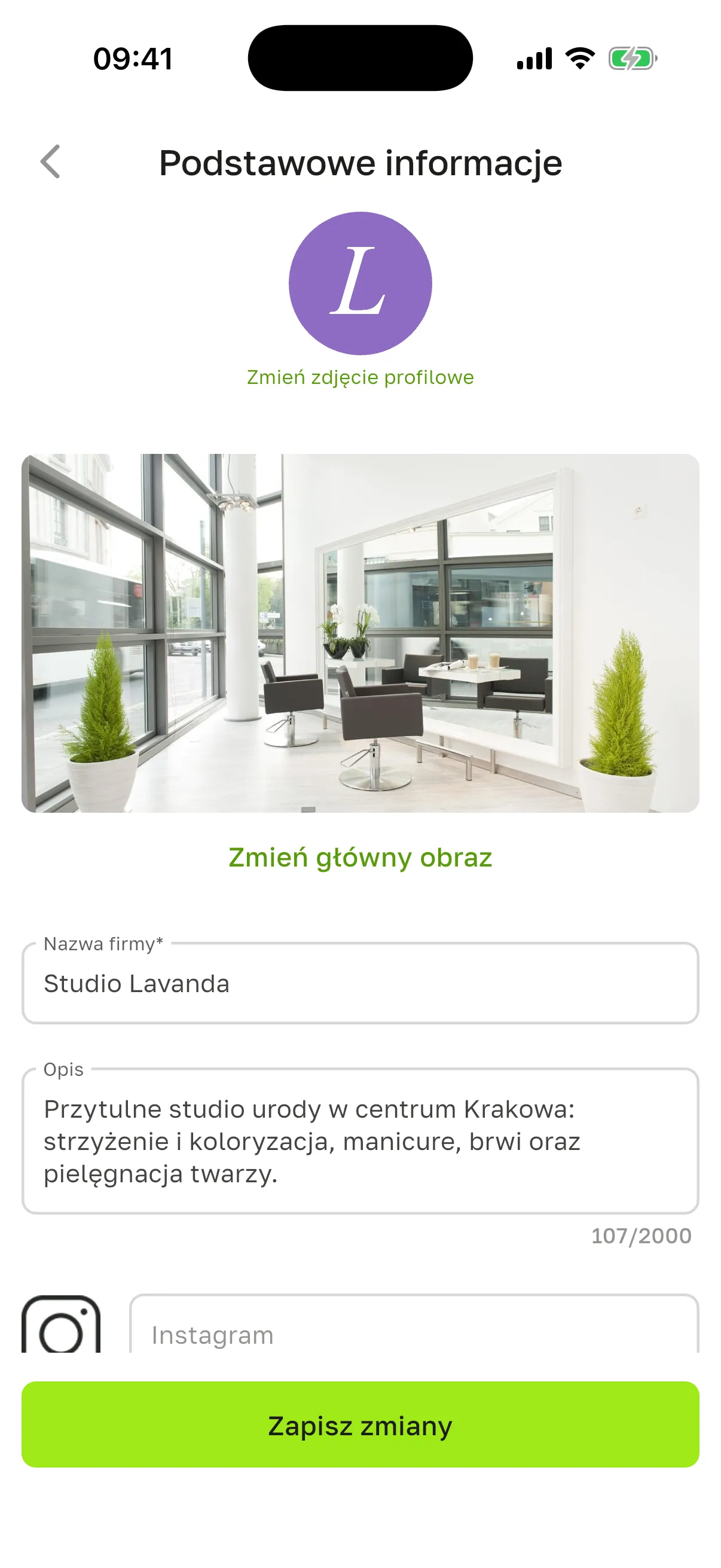 Ekran „Podstawowe informacje”: logo z „Zmień zdjęcie profilowe”, zdjęcie główne z „Zmień główny obraz”, „Nazwa firmy”, „Opis”, Instagram i przycisk „Zapisz zmiany”