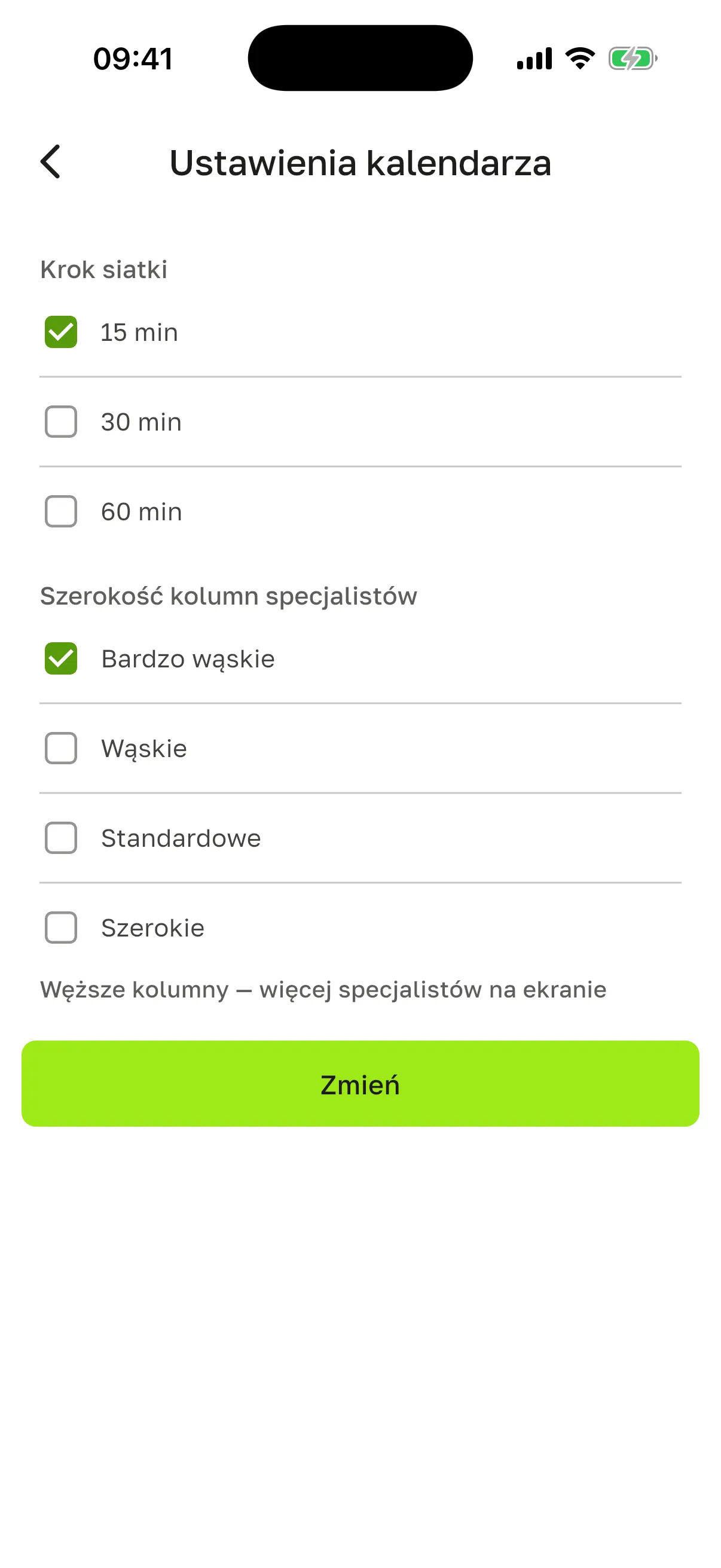 Ekran „Ustawienia kalendarza”: „Krok siatki” (15, 30, 60 min), „Szerokość kolumn specjalistów” (Bardzo wąskie, Wąskie, Standardowe, Szerokie), podpowiedź „Węższe kolumny — więcej specjalistów na ekranie” i przycisk „Zmień”