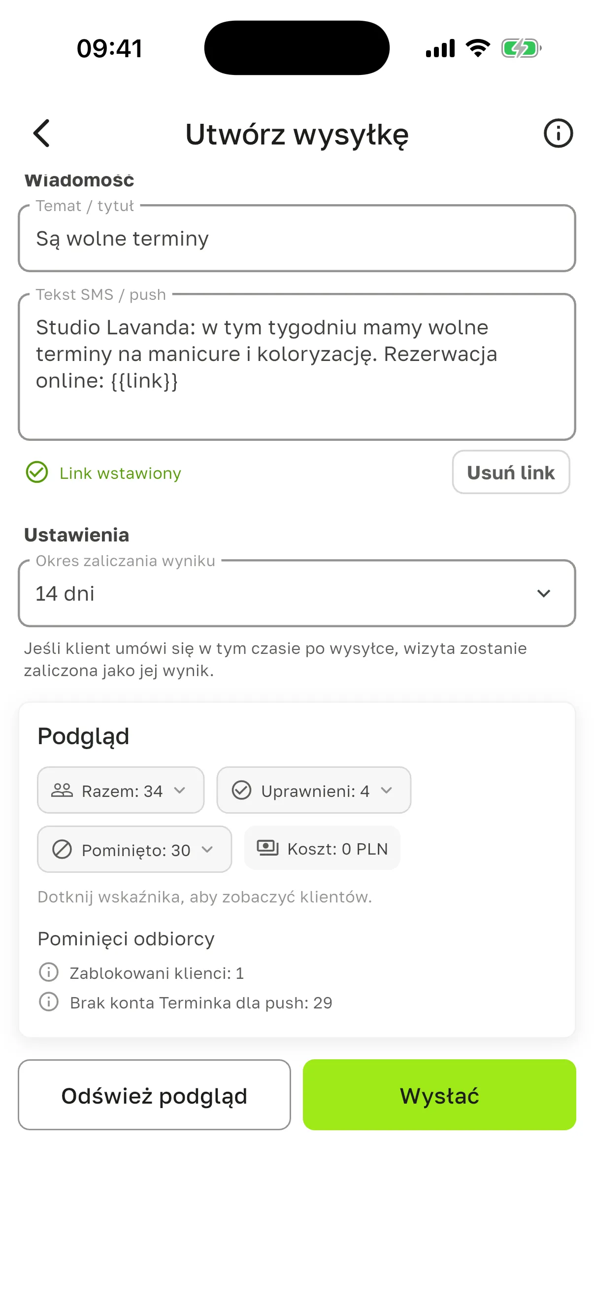 „Utwórz wysyłkę” przed wysłaniem: temat „Są wolne terminy”, tekst SMS / push z {{link}} i oznaczeniem „Link wstawiony”, „Okres zaliczania wyniku” 14 dni, „Podgląd” – „Razem: 34”, „Uprawnieni: 4”, „Pominięto: 30”, „Koszt: 0 PLN”, „Pominięci odbiorcy”: „Zablokowani klienci: 1” i „Brak konta Terminka dla push: 29”, przyciski „Odśwież podgląd” i „Wysłać”