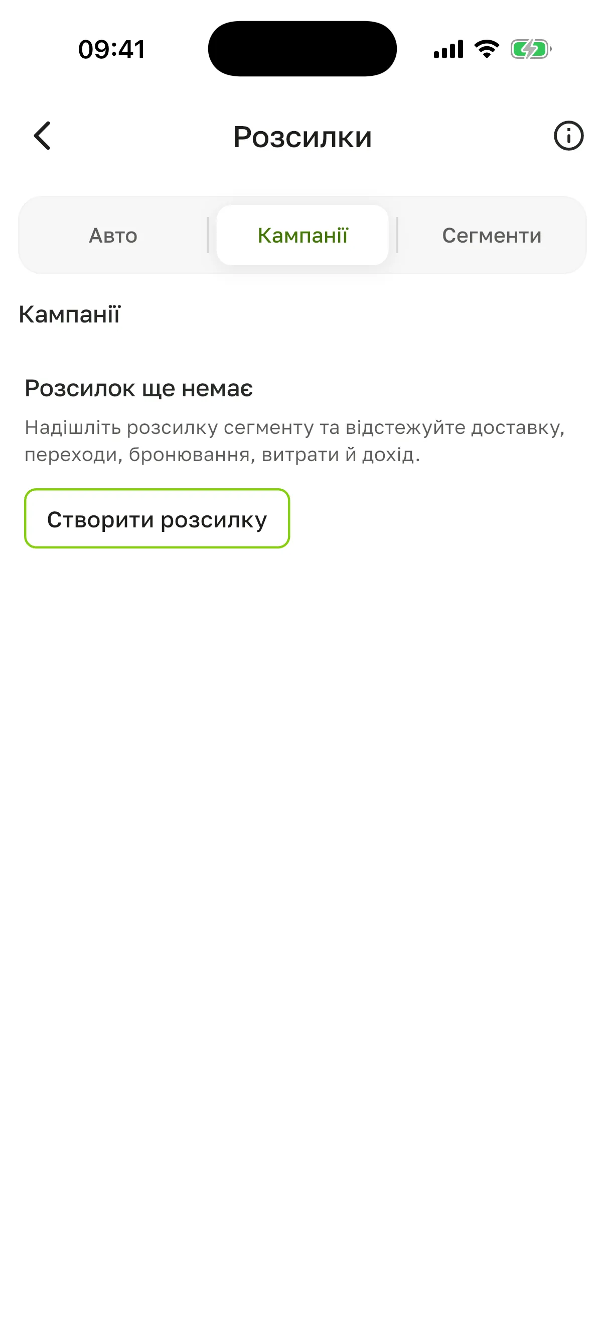 Вкладка «Кампанії»: «Розсилок ще немає» і кнопка «Створити розсилку»