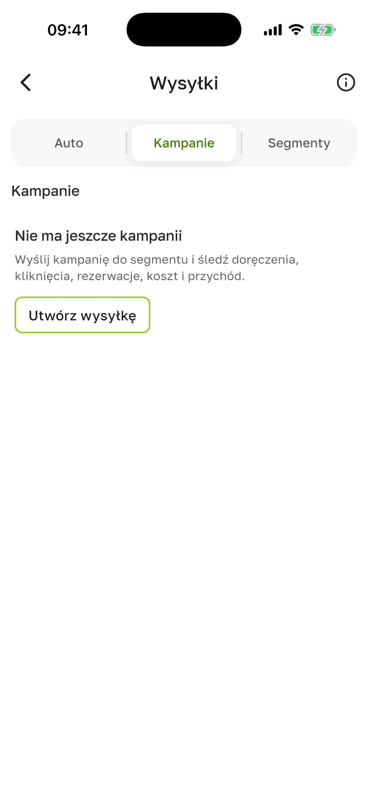 Zakładka „Kampanie”: „Nie ma jeszcze kampanii” i przycisk „Utwórz wysyłkę”