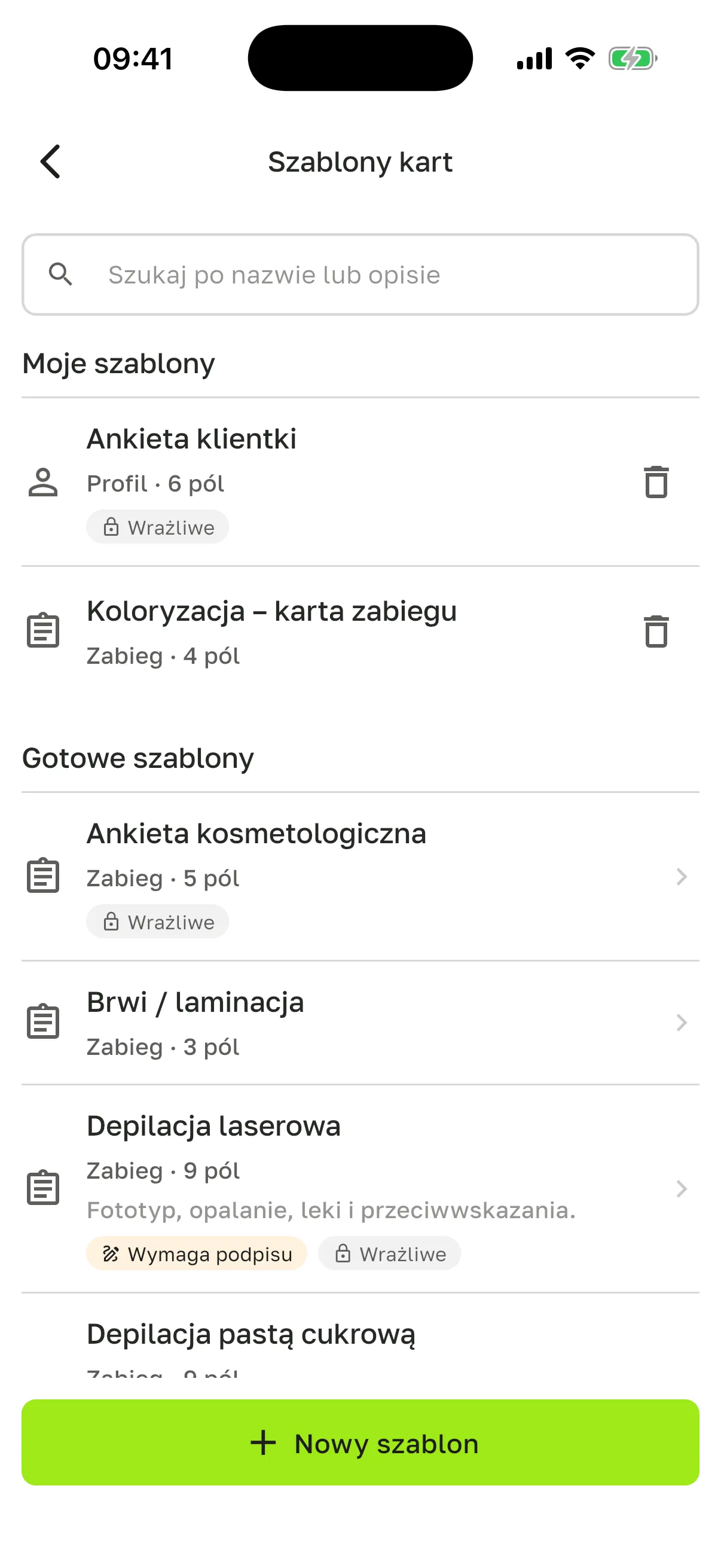 Ekran „Szablony kart”: wyszukiwarka, „Moje szablony”, „Gotowe szablony” i przycisk „Nowy szablon”