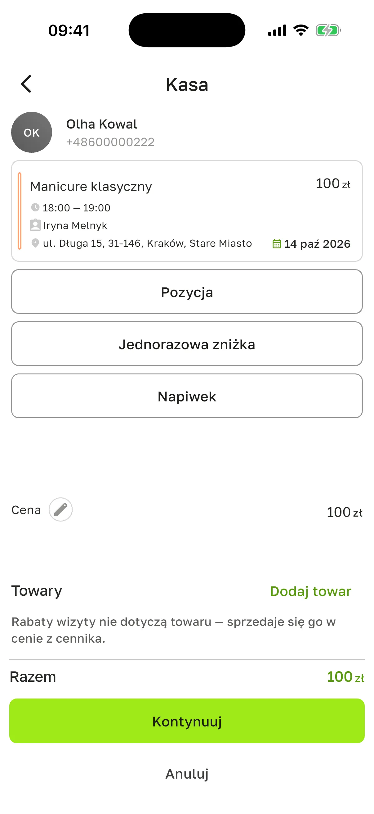 Ekran „Kasa” pierwszej wizyty Olhy Kowal: „Manicure klasyczny” 100 zł, 18–19, Iryna Melnyk, 14 paź 2026, przyciski „Pozycja”, „Jednorazowa zniżka”, „Napiwek”, „Cena” 100 zł, blok „Towary” z „Dodaj towar”, „Razem” 100 zł, „Kontynuuj” i „Anuluj”