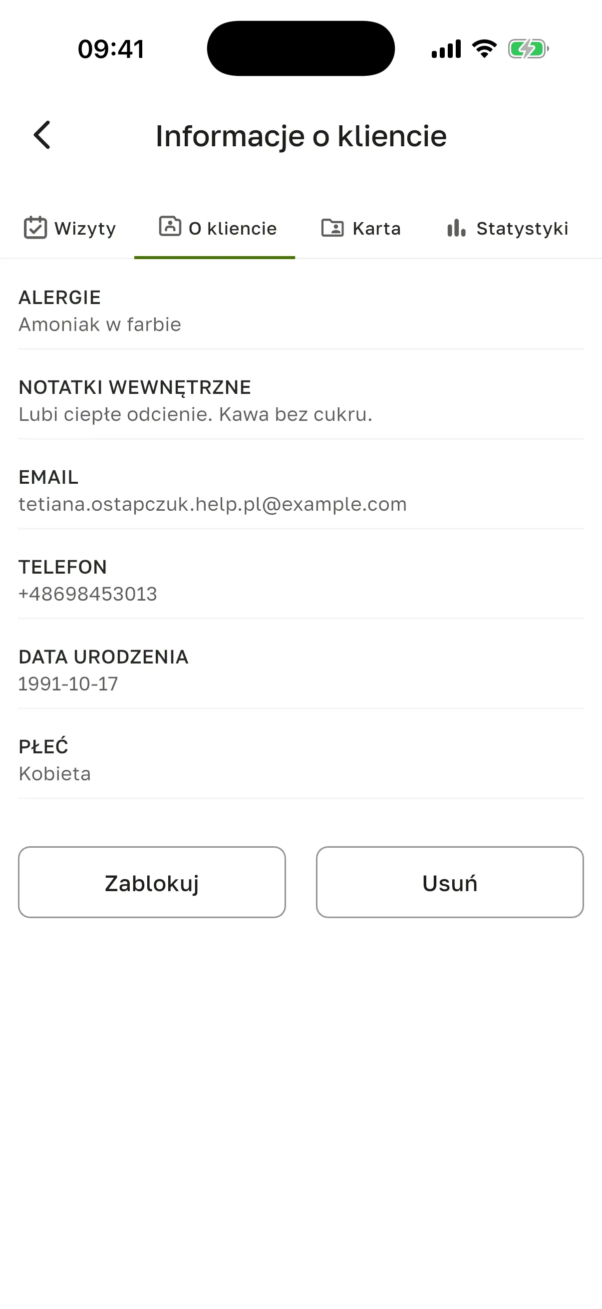Zakładka „O kliencie”: „Alergie”, „Notatki wewnętrzne”, „Email”, „Telefon”, „Data urodzenia”, „Płeć” oraz przyciski „Zablokuj” i „Usuń”