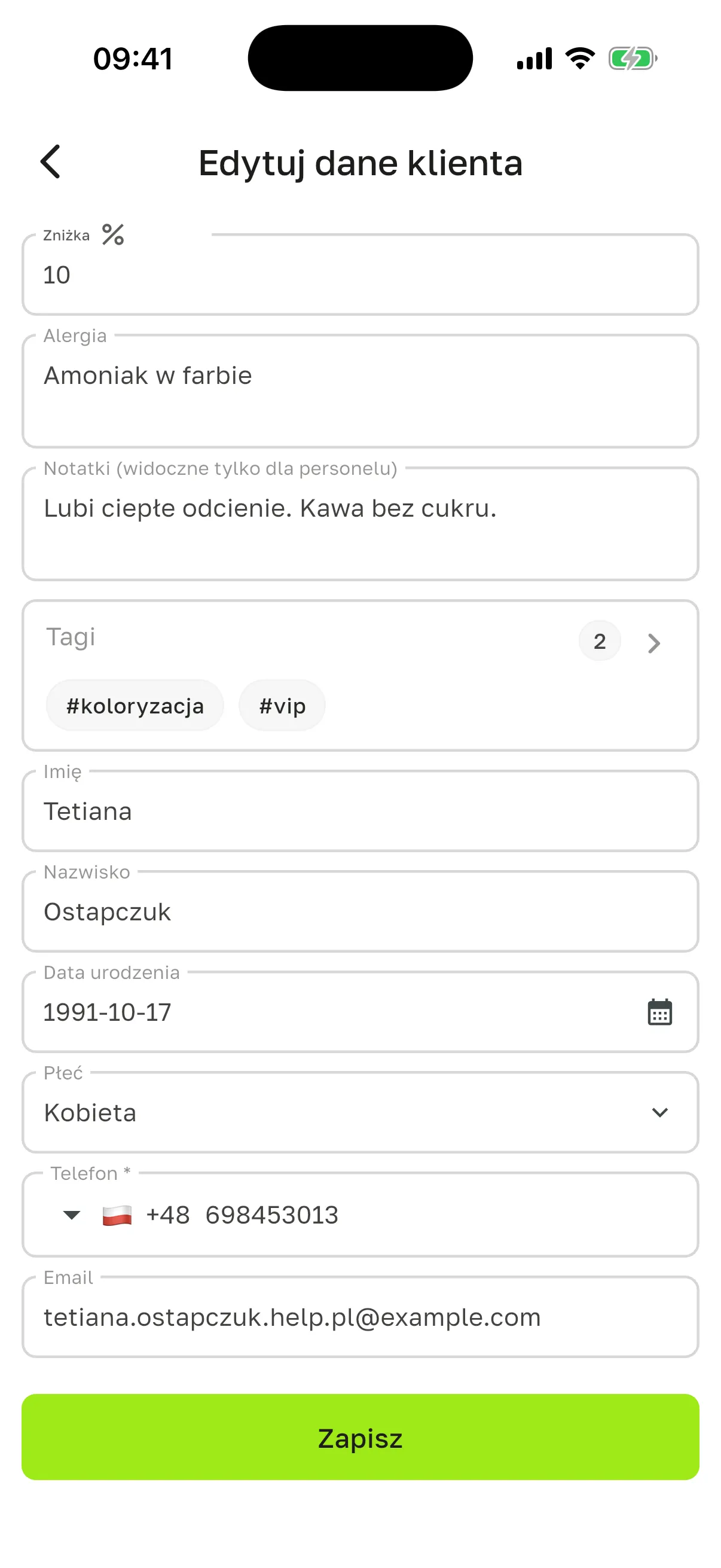 Ekran „Edytuj dane klienta”: pole „Zniżka” w procentach na górze