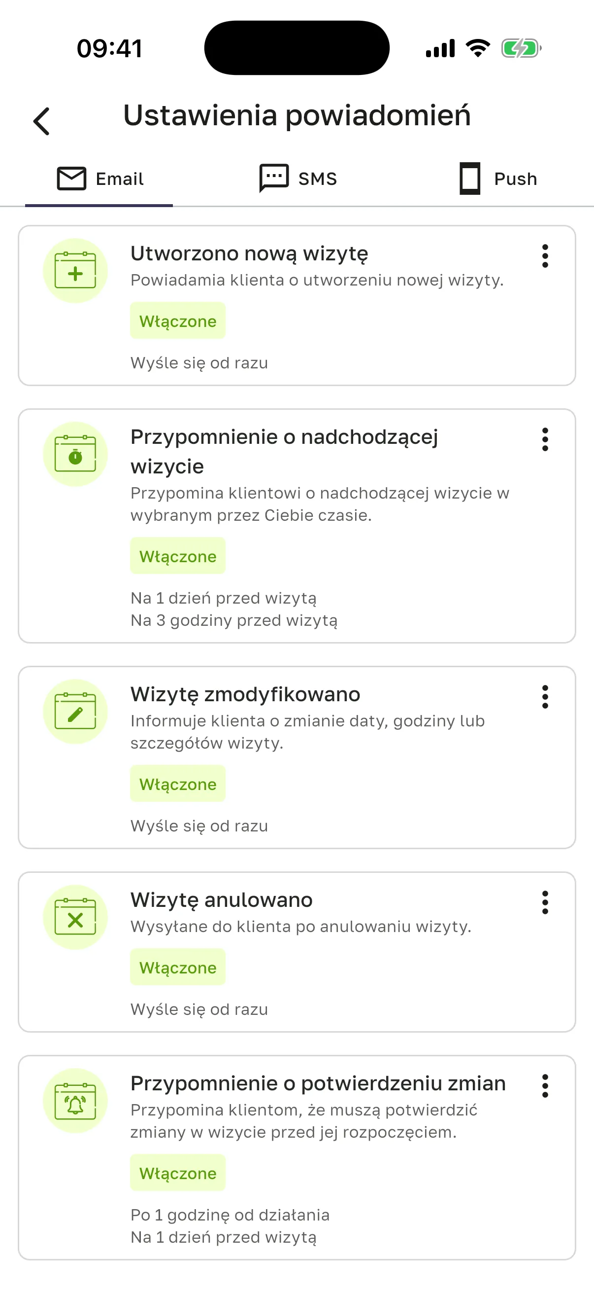 Ekran „Ustawienia powiadomień” dla klientów, zakładka „Email”: karty „Utworzono nową wizytę”, „Przypomnienie o nadchodzącej wizycie”, „Wizytę zmodyfikowano”, „Wizytę anulowano”, „Przypomnienie o potwierdzeniu zmian” ze statusem „Włączone”