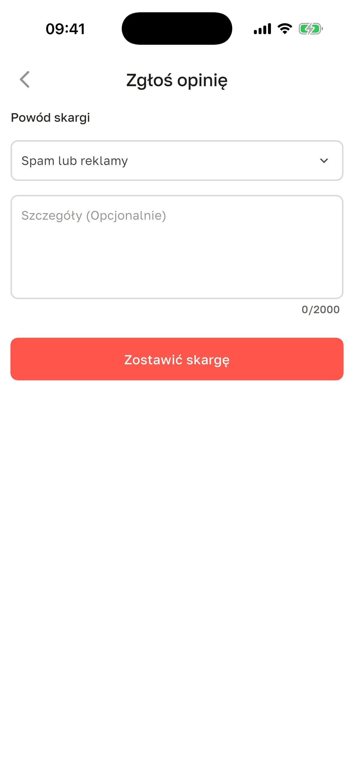 Ekran „Zgłoś opinię”: powód skargi, szczegóły i przycisk „Zostawić skargę”