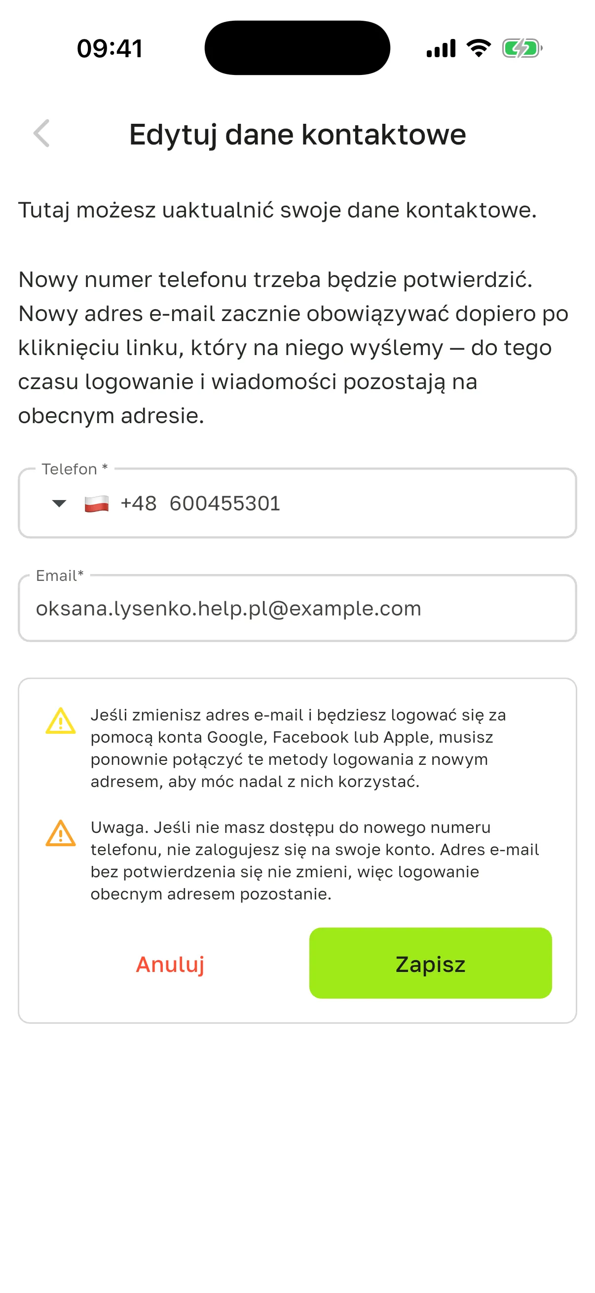 Ekran „Edytuj dane kontaktowe”: „Telefon”, „Email”, ostrzeżenie o logowaniu przez Google, Facebook lub Apple i o nowym numerze, przyciski „Anuluj” i „Zapisz”