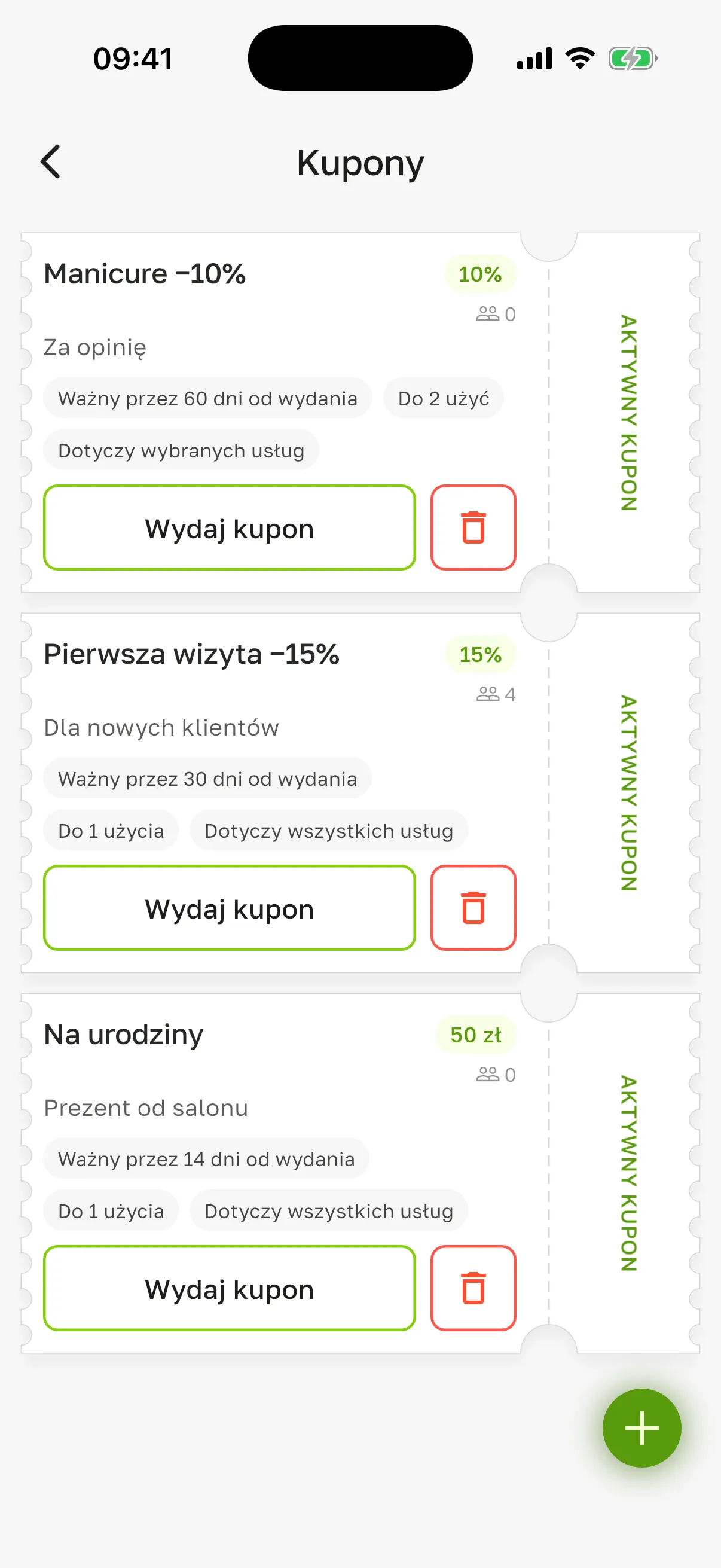 Ekran „Kupony”: rabat, termin ważności, limit użyć i przycisk „Wydaj kupon”