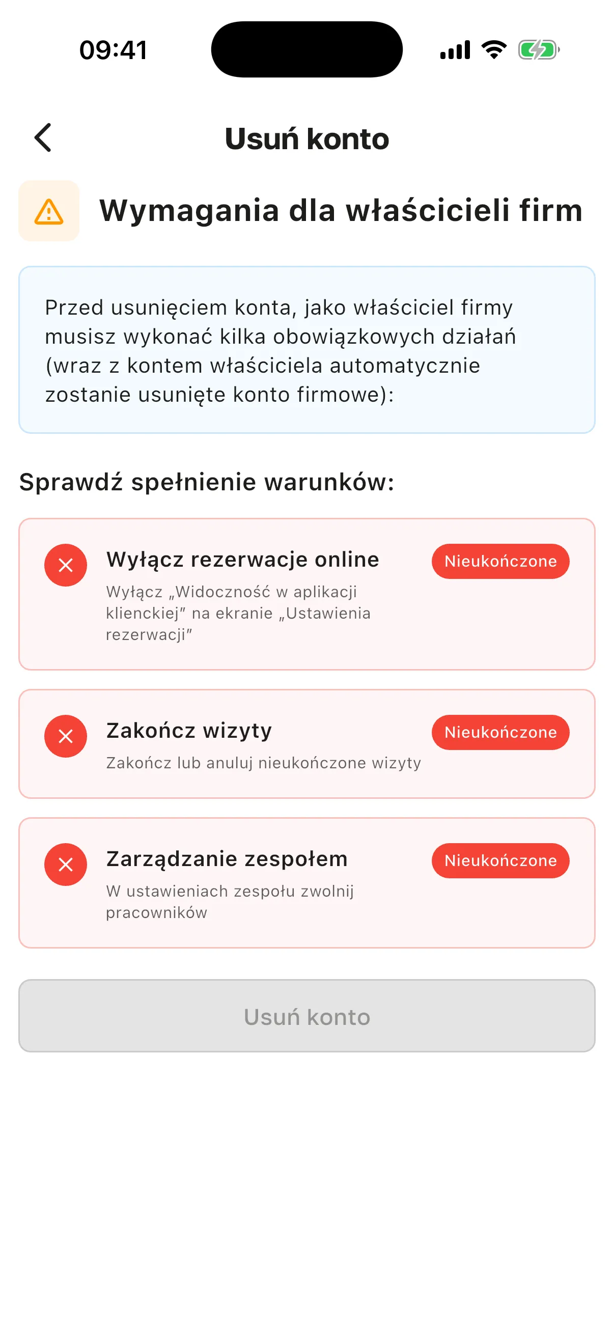 Ekran „Usuń konto”: „Wymagania dla właścicieli firm”, „Sprawdź spełnienie warunków:”, trzy warunki ze statusem „Nieukończone”, pod pierwszym – „Wyłącz „Widoczność w aplikacji klienckiej” na ekranie „Ustawienia rezerwacji”” i nieaktywny przycisk „Usuń konto”
