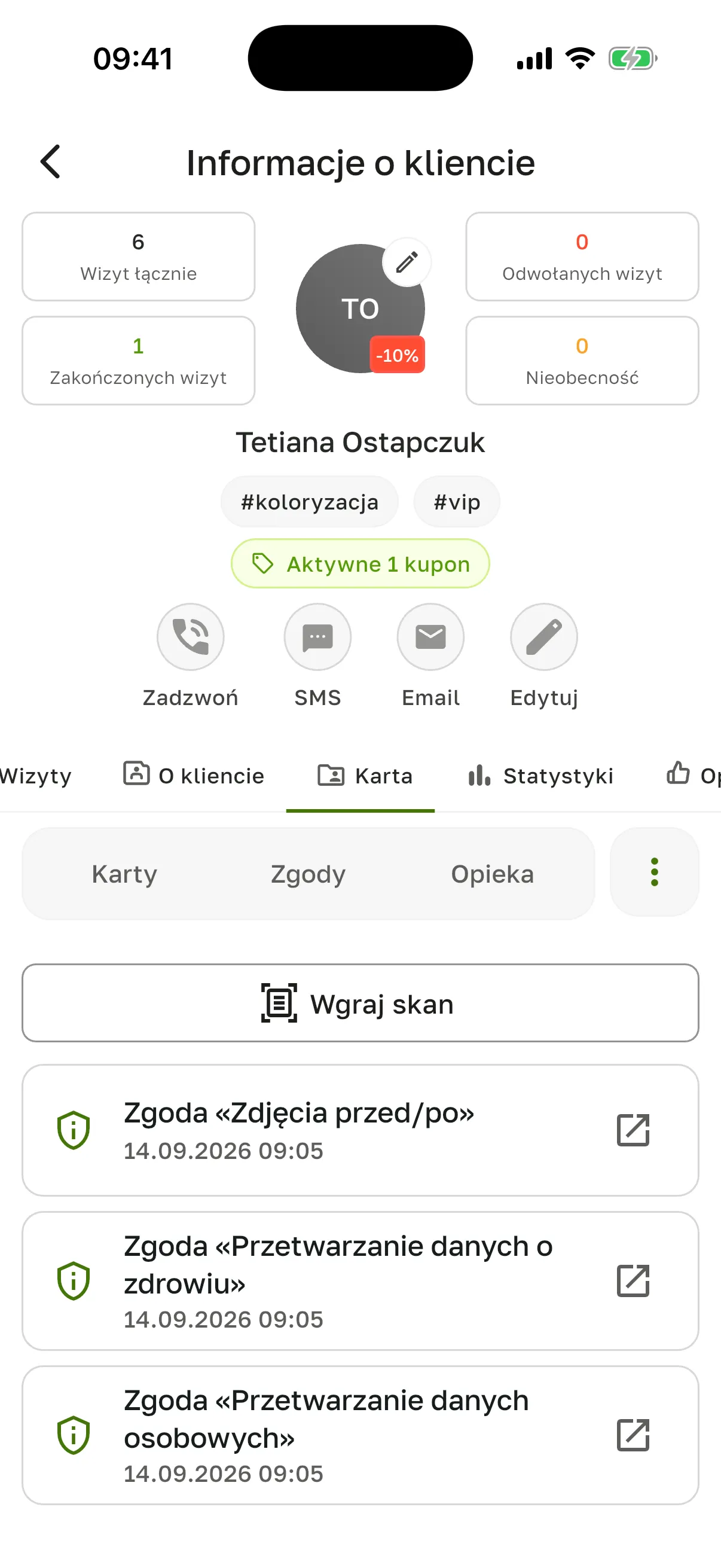 Sekcja „Dokumenty”: przycisk „Wgraj skan” i trzy podpisane zgody („Zdjęcia przed/po”, „Przetwarzanie danych o zdrowiu”, „Przetwarzanie danych osobowych”) z datą 14.09.2026 09