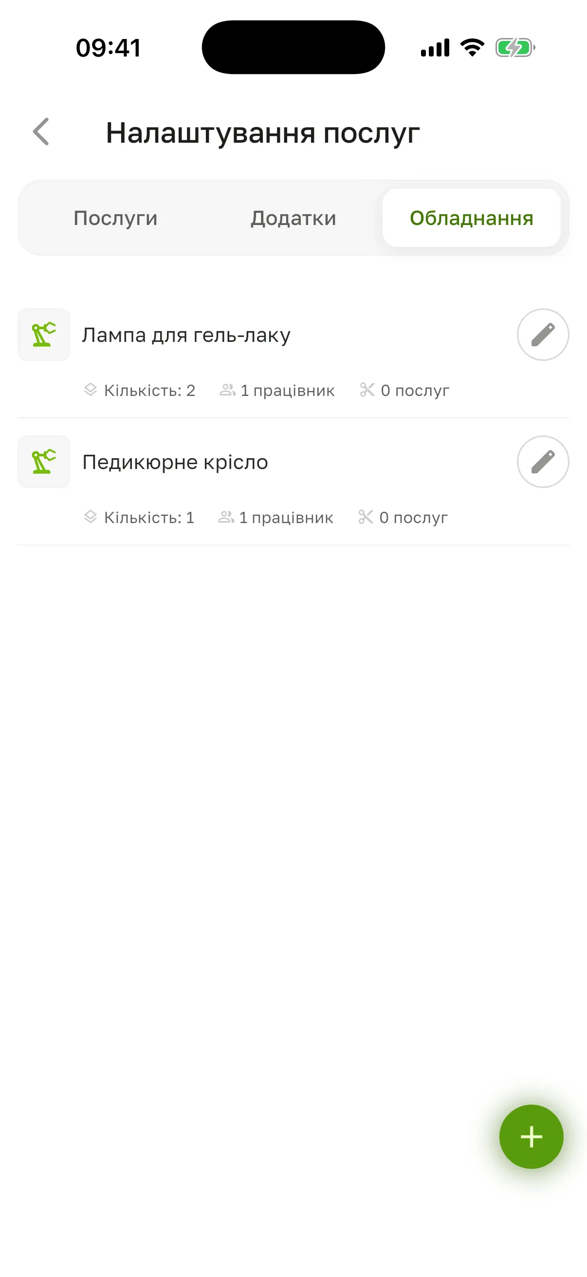 Вкладка «Обладнання»: «Лампа для гель-лаку» і «Педикюрне крісло» з рядками «Кількість», «1 працівник», «0 послуг»