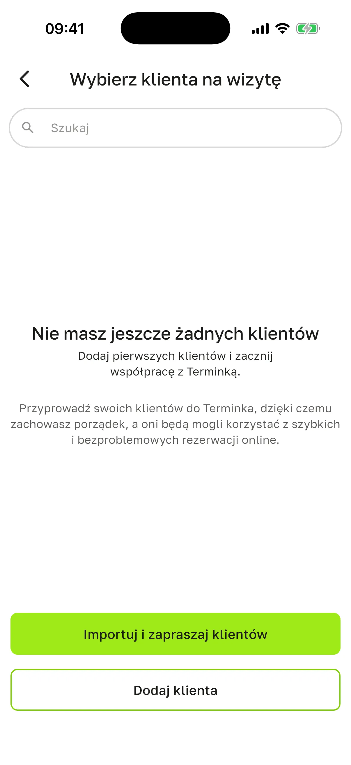 Ekran „Wybierz klienta na wizytę” z pustą bazą: wyszukiwarka, „Nie masz jeszcze żadnych klientów”, przyciski „Importuj i zapraszaj klientów” i „Dodaj klienta”
