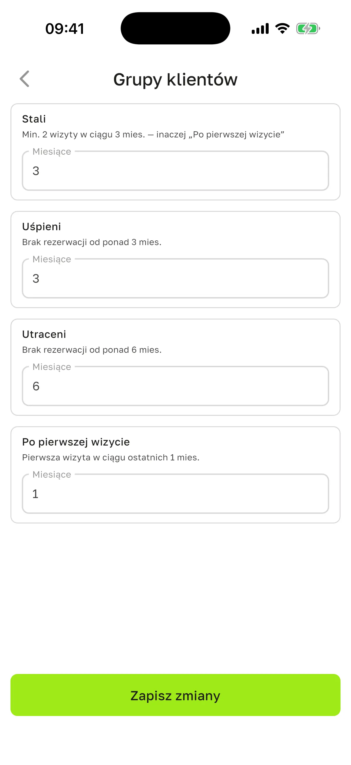 Ekran „Grupy klientów”: pole „Miesiące” dla „Stali”, „Uśpieni”, „Utraceni” i „Po pierwszej wizycie”, przycisk „Zapisz zmiany”