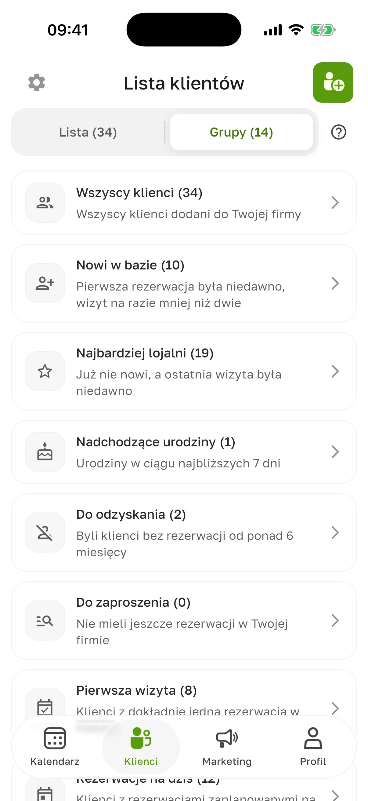 Zakładka „Grupy”: grupy standardowe z liczbą klientów