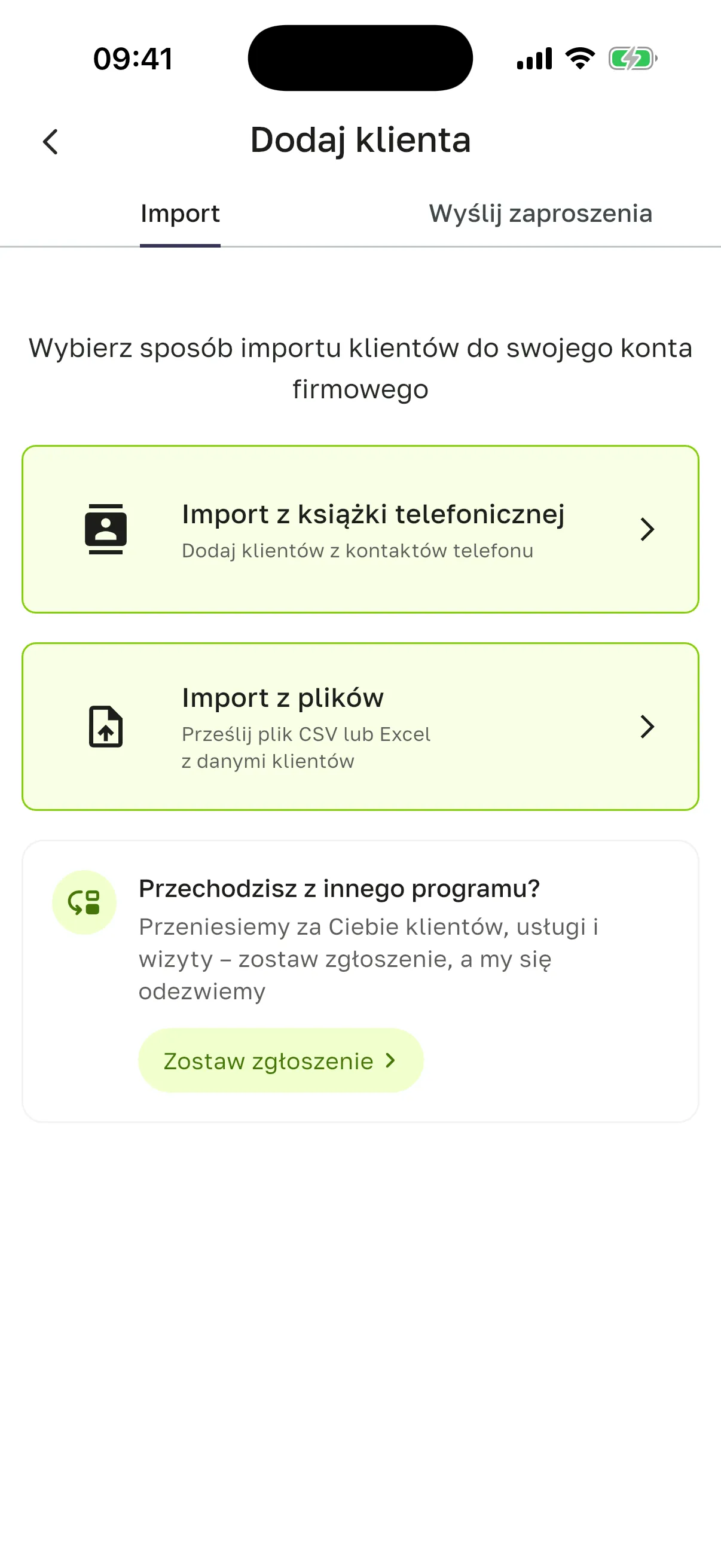 Ekran importu: import z książki telefonicznej, z plików i karta „Przechodzisz z innego programu?”
