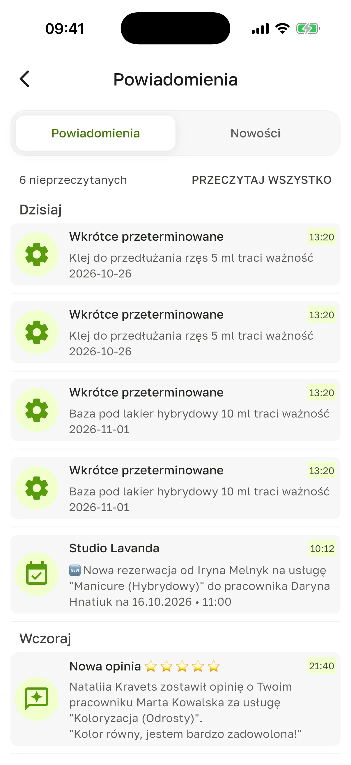 Ekran „Powiadomienia”, zakładka „Powiadomienia”: „6 nieprzeczytanych”, „Przeczytaj wszystko”, powiadomienia o nowej wizycie, opinii i magazynie, pogrupowane według dat