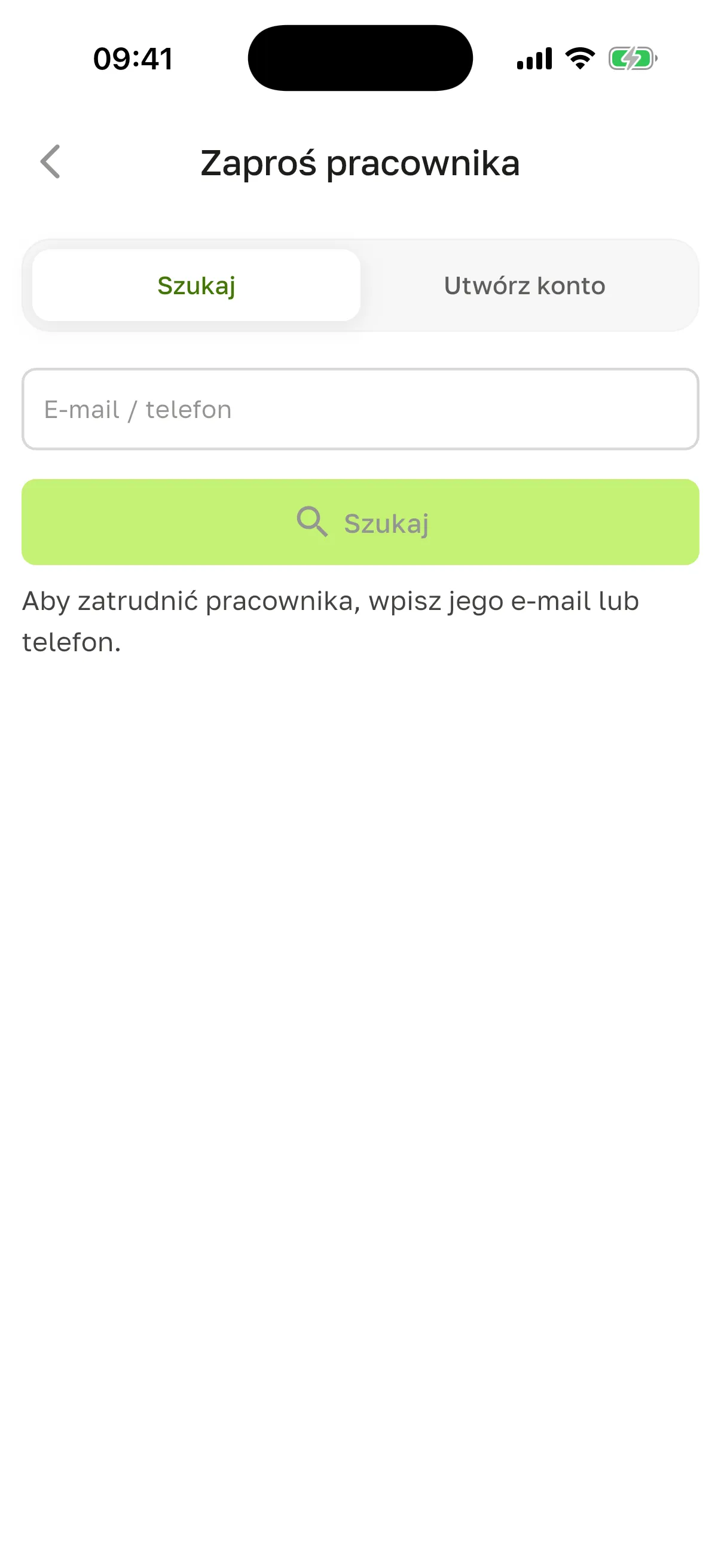 Ekran „Zaproś pracownika”: zakładka „Szukaj” z polem na e-mail lub telefon