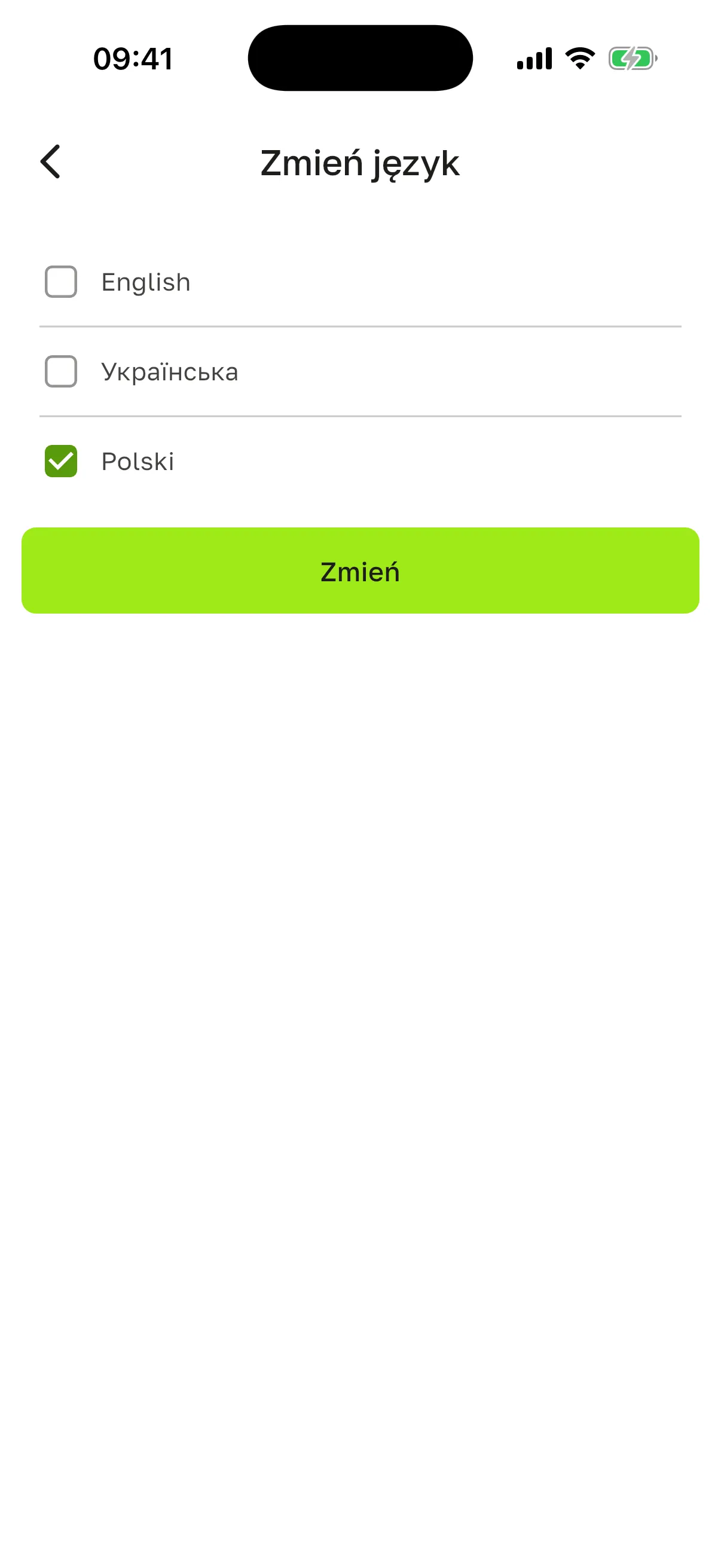 Ekran „Zmień język”: English, Українська, Polski (zaznaczony) i przycisk „Zmień”