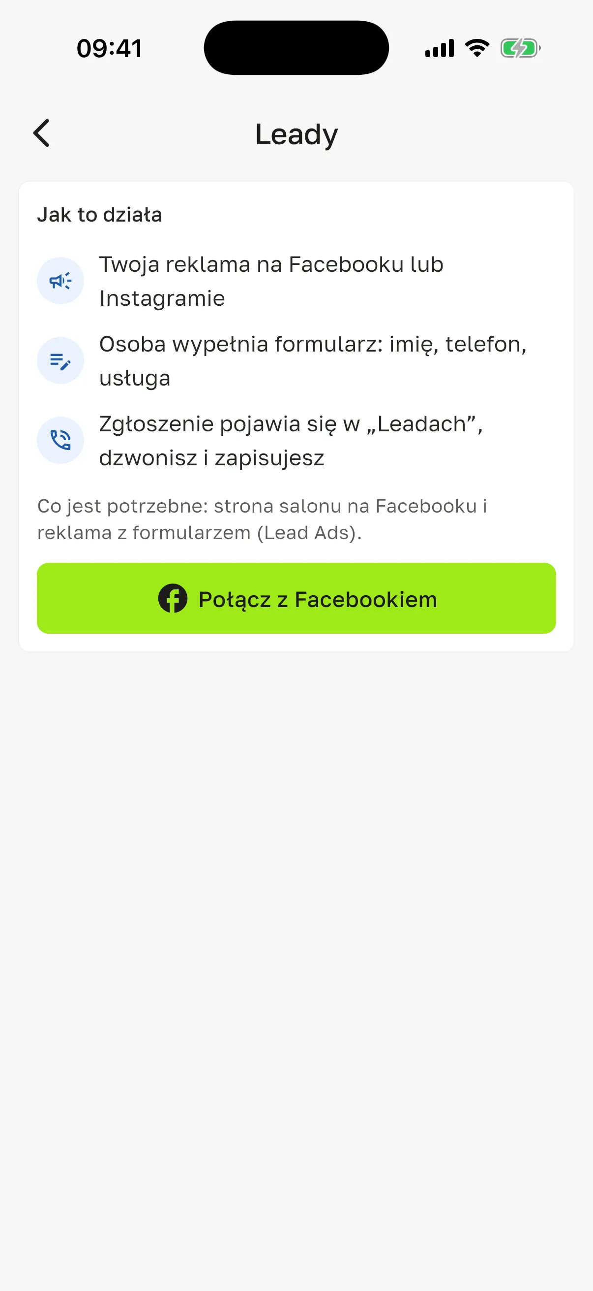 Sekcja „Leady” przed połączeniem: blok „Jak to działa” z trzema krokami, „Co jest potrzebne: strona salonu na Facebooku i reklama z formularzem (Lead Ads)” i przycisk „Połącz z Facebookiem”