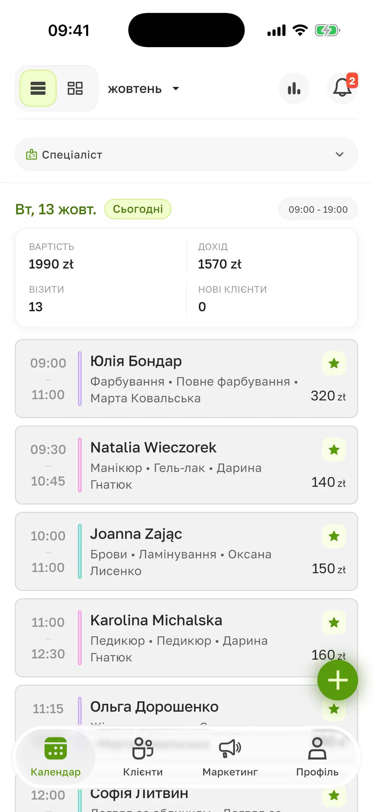 Вигляд «Список»: фільтр «Спеціаліст», день «Вт, 13 жовт.» з позначкою «Сьогодні» й годинами 09 - 19, підсумок «Вартість», «Дохід», «Візити», «Нові клієнти» і візити