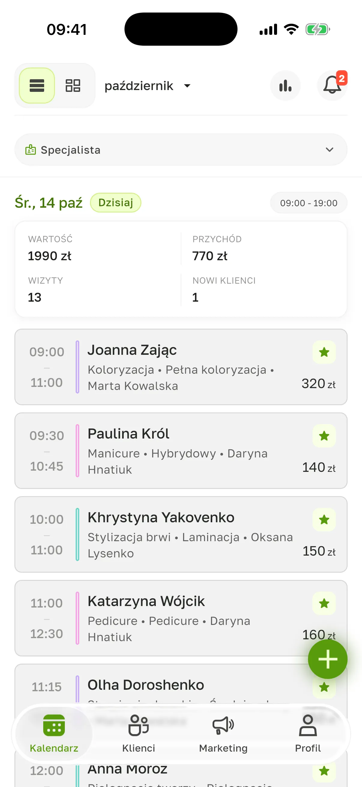 Widok „Lista”: filtr „Specjalista”, dzień „Śr., 14 paź” z oznaczeniem „Dzisiaj” i godzinami 09 - 19, podsumowanie „Wartość” 1990 zł, „Przychód” 770 zł, „Wizyty” 13, „Nowi klienci” 1 i lista wizyt