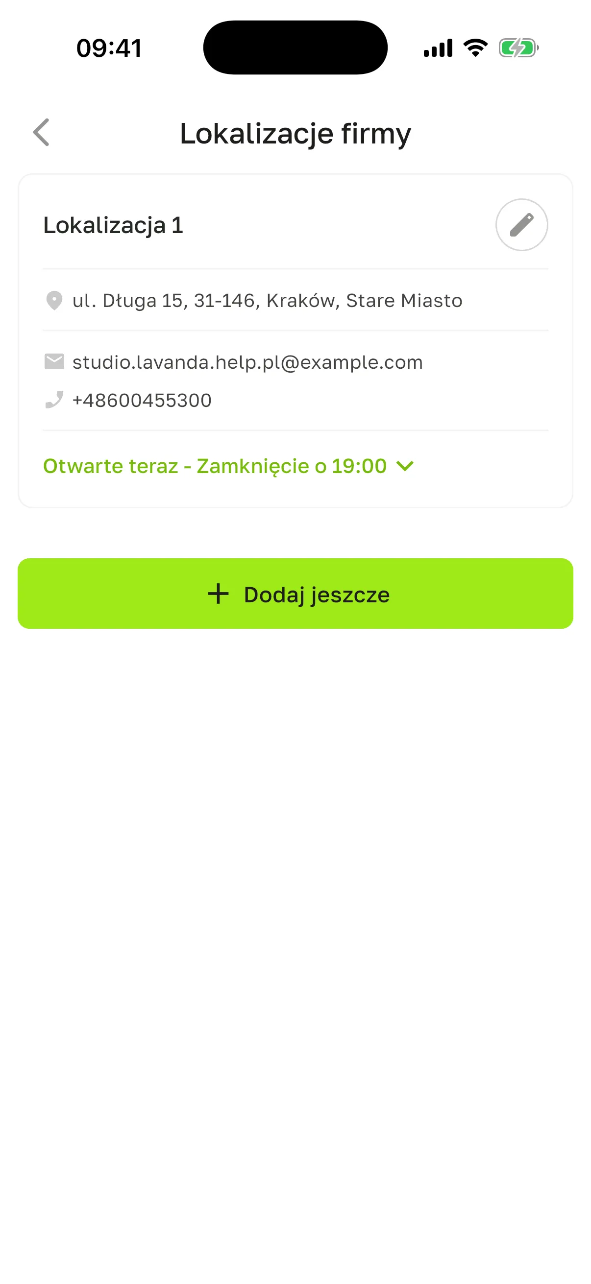 Ekran „Lokalizacje firmy”: karta „Lokalizacja 1” z ołówkiem, adresem, e-mailem, telefonem i „Otwarte teraz - Zamknięcie o 19”, przycisk „Dodaj jeszcze”