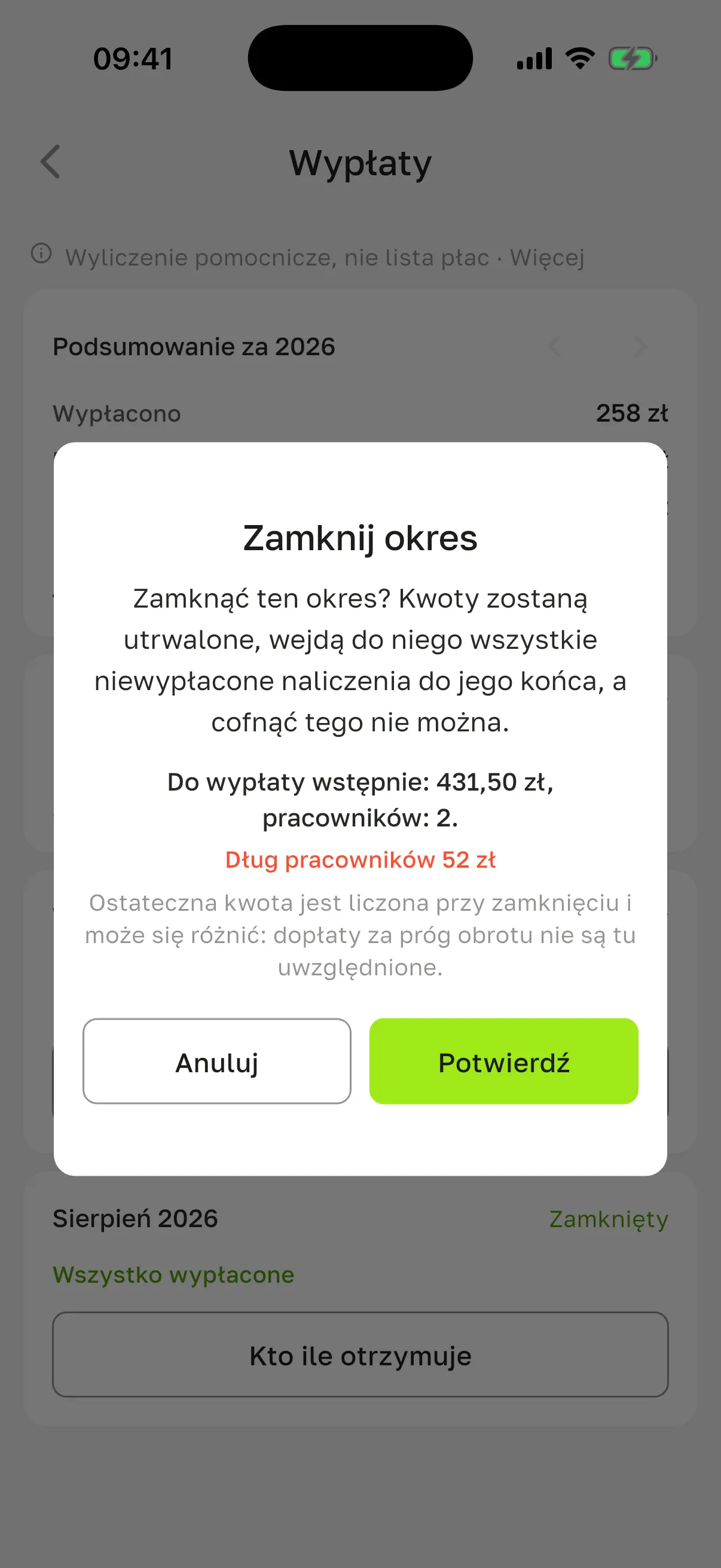 Okno „Zamknij okres”: „Do wypłaty wstępnie: 431,50 zł, pracowników: 2”, „Dług pracowników 52 zł”, przyciski „Anuluj” i „Potwierdź”