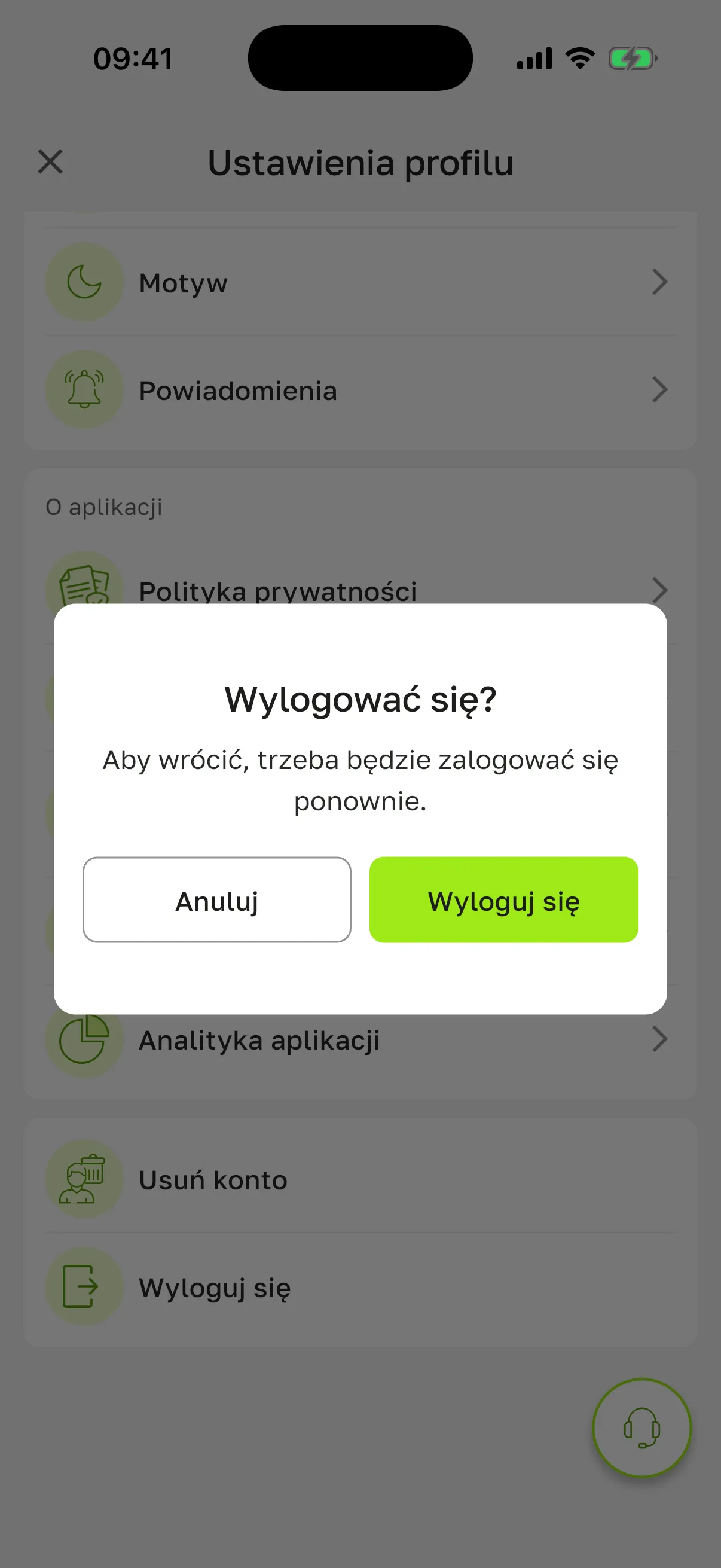 Okno „Wylogować się?” z przyciskami „Anuluj” i „Wyloguj się”