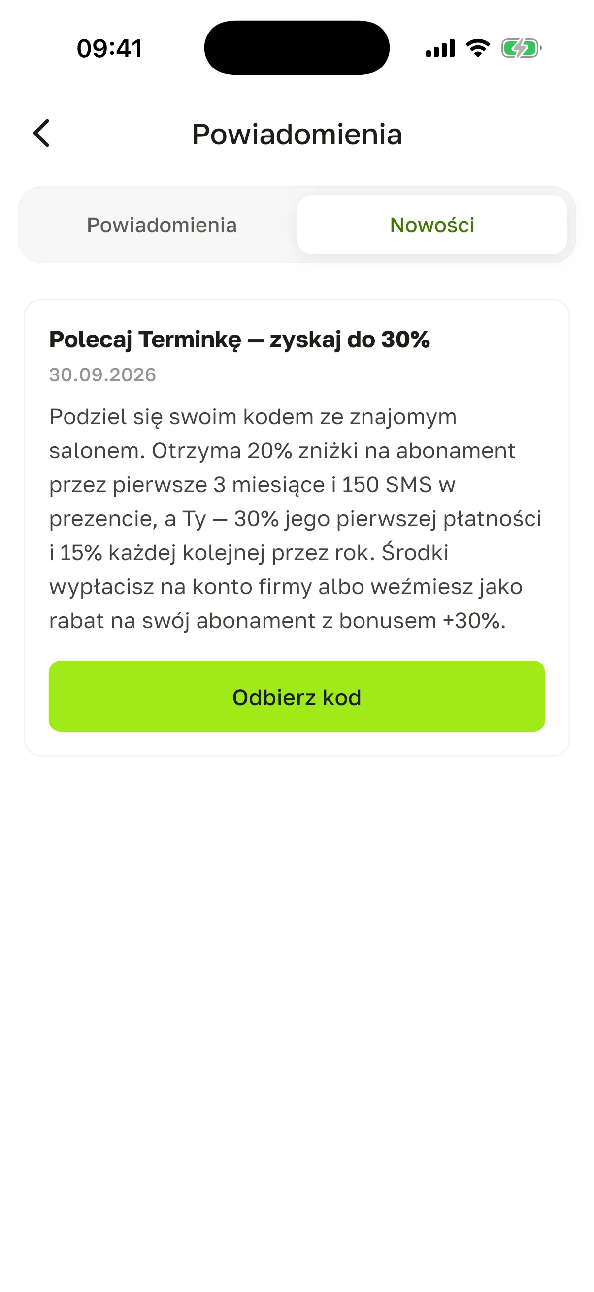 Zakładka „Nowości”: ogłoszenie „Polecaj Terminkę – zyskaj do 30%” z przyciskiem „Odbierz kod”
