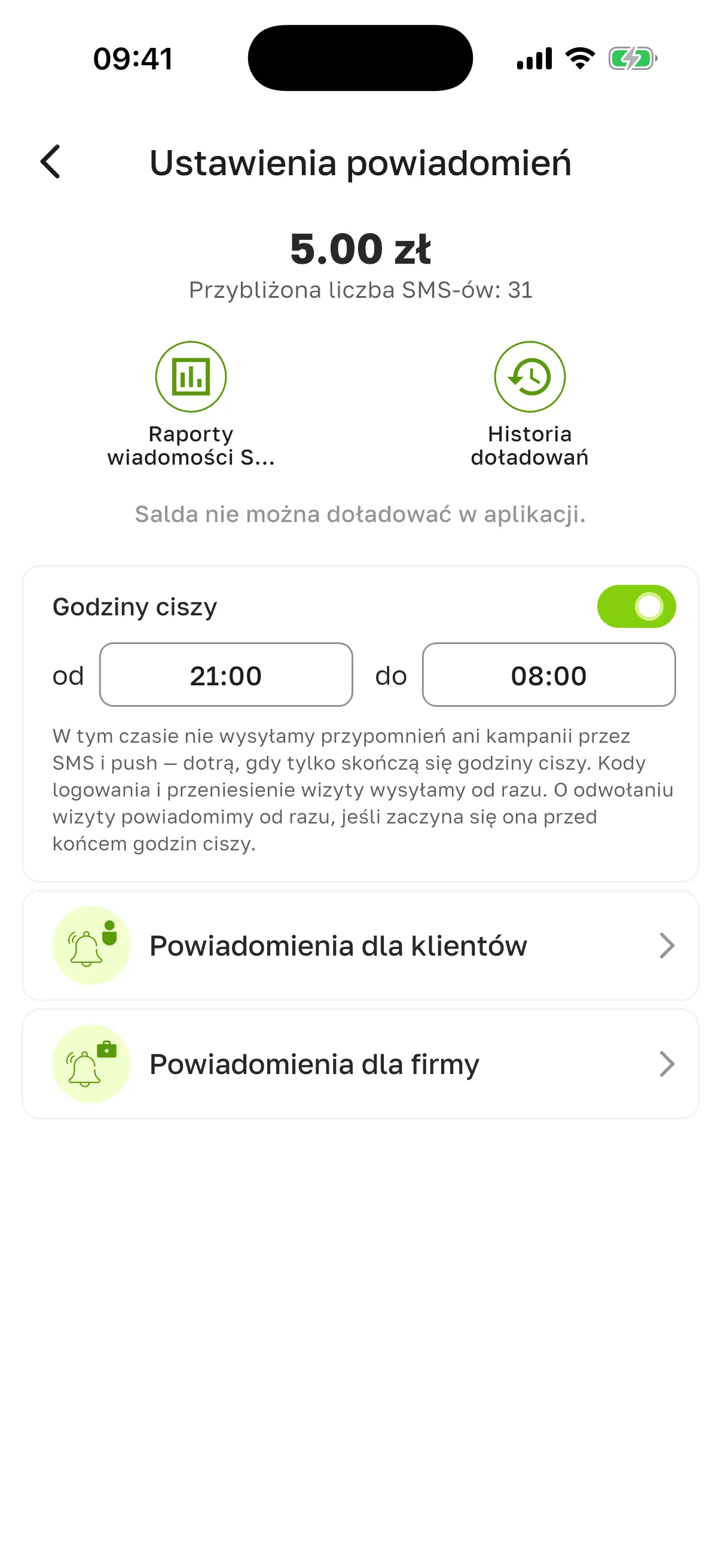 Ekran „Ustawienia powiadomień” na iPhonie: saldo 5.00 zł, „Przybliżona liczba SMS-ów: 31”, „Raporty wiadomości SMS”, „Historia doładowań” i podpis „Salda nie można doładować w aplikacji.”