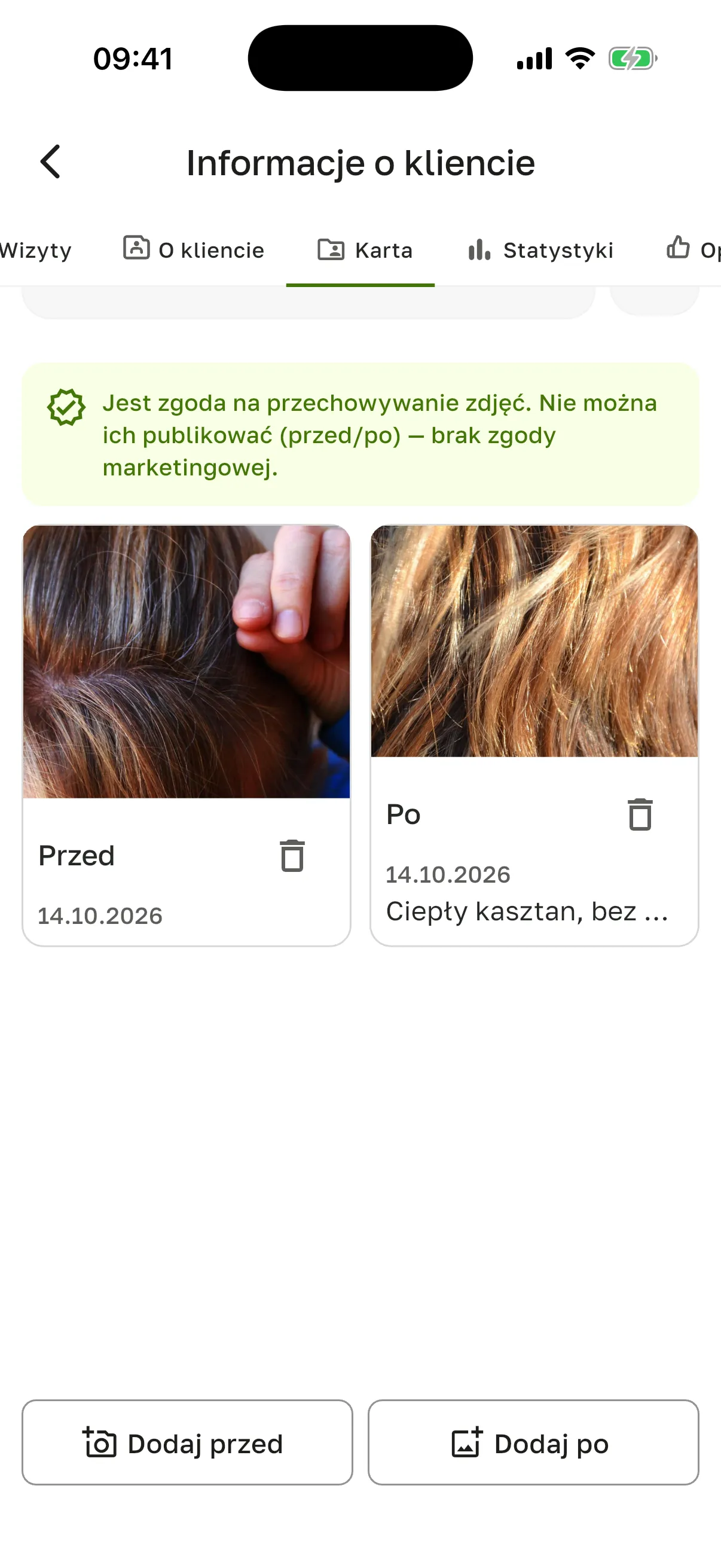 Sekcja „Zdjęcia” w karcie klientki: plakietka „Jest zgoda na przechowywanie zdjęć”, po lewej zdjęcie „Przed” z odrośniętymi siwymi odrostami, po prawej „Po” z notatką „Ciepły kasztan…”, na dole przyciski „Dodaj przed” i „Dodaj po”