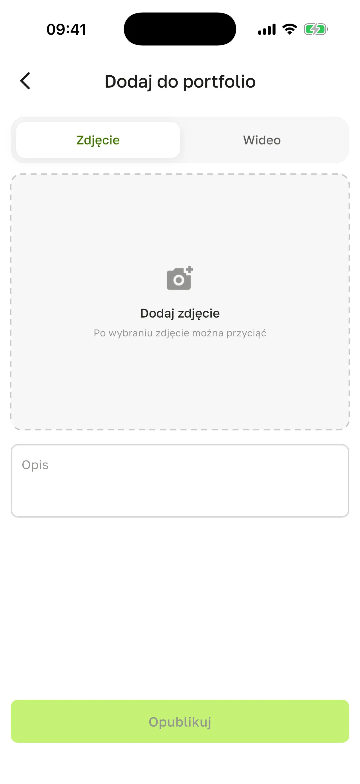 Ekran „Dodaj do portfolio”: karty „Zdjęcie” i „Wideo”, pole „Dodaj zdjęcie”, „Opis” i nieaktywny przycisk „Opublikuj”