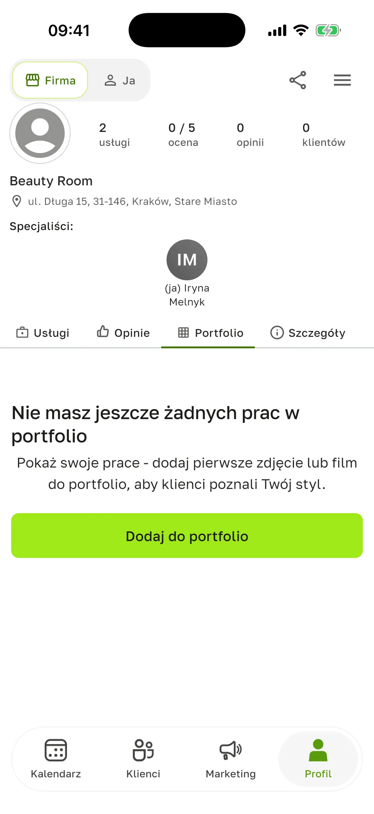Pusta karta „Portfolio” w profilu salonu: „Nie masz jeszcze żadnych prac w portfolio” i przycisk „Dodaj do portfolio”