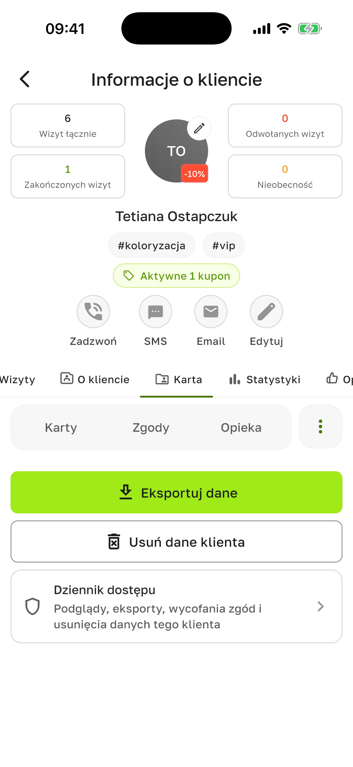 Sekcja „Prywatność”: „Eksportuj dane”, „Usuń dane klienta” i „Dziennik dostępu”