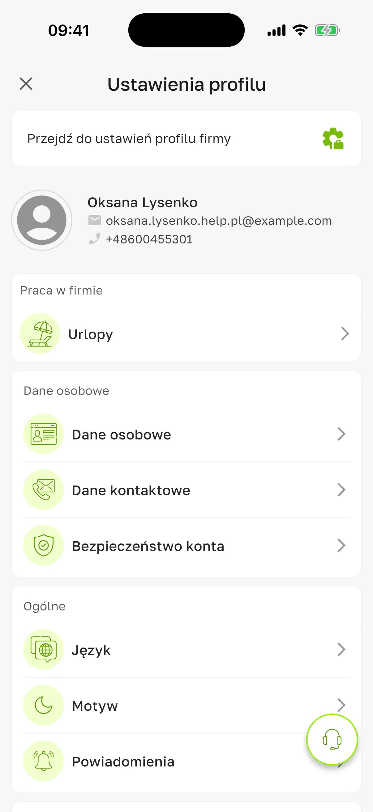 Ekran „Ustawienia profilu” właścicielki: bloki „Praca w firmie” (Urlopy), „Dane osobowe” i „Ogólne”