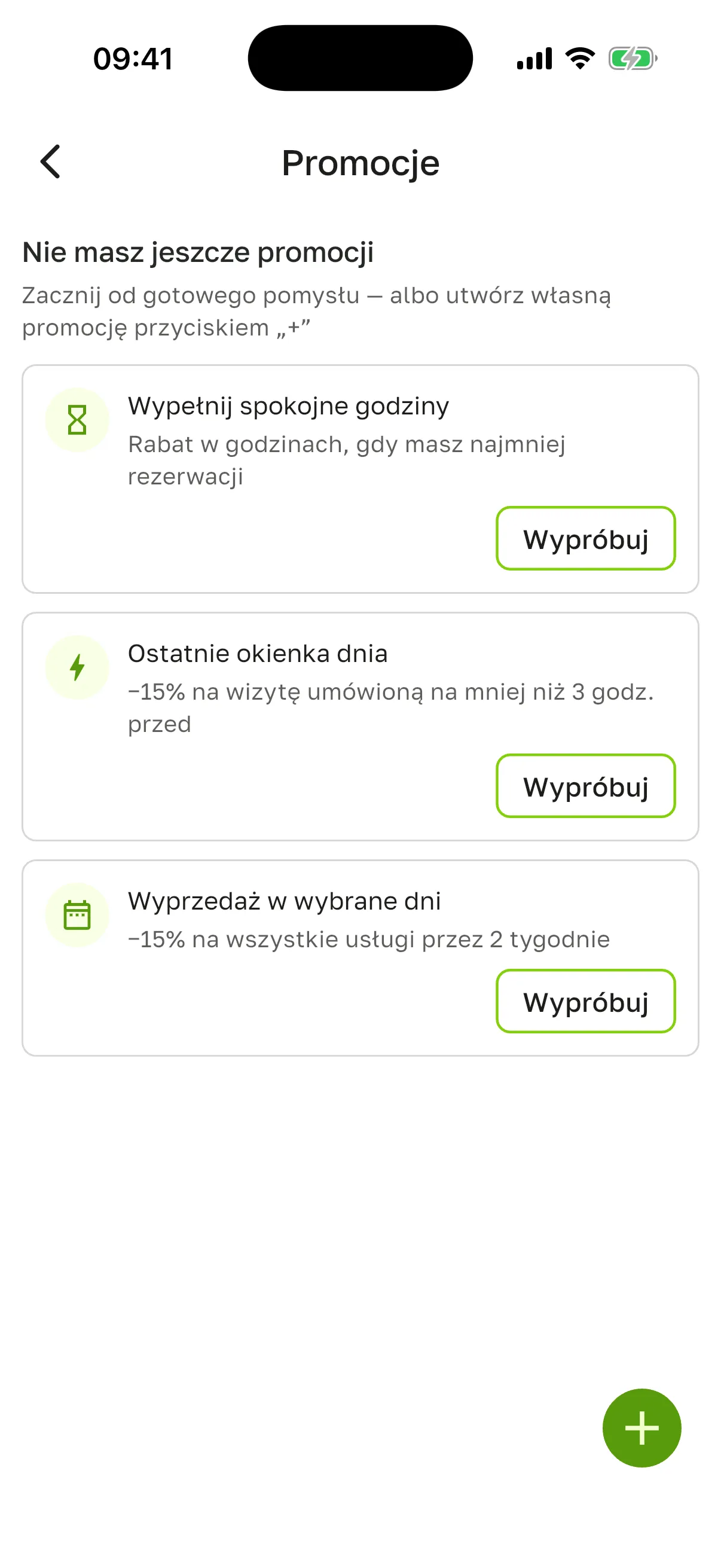Ekran „Promocje” bez żadnej promocji: „Nie masz jeszcze promocji”, trzy gotowe pomysły z przyciskami „Wypróbuj” i zielony przycisk +