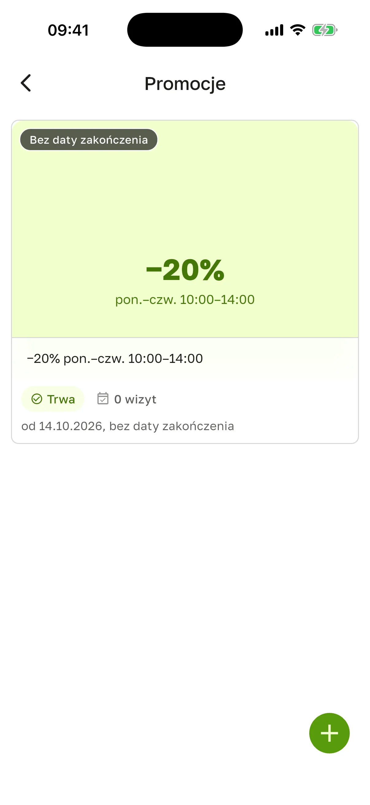 Ekran „Promocje”: karta „−20% pon.–czw. 10–14” ze statusem „Trwa”, „0 wizyt” i „od 14.10.2026, bez daty zakończenia”