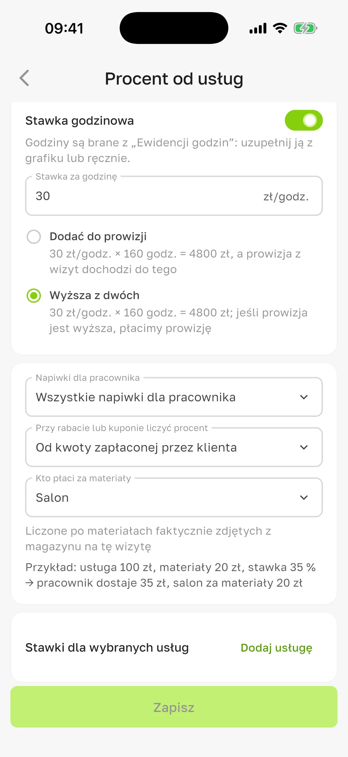 Ekran „Procent od usług”, włączony blok „Stawka godzinowa”: „Stawka za godzinę” 30 zł/godz., opcje „Dodać do prowizji” i „Wyższa z dwóch” (wybrana) z przykładem wyliczenia pod każdą