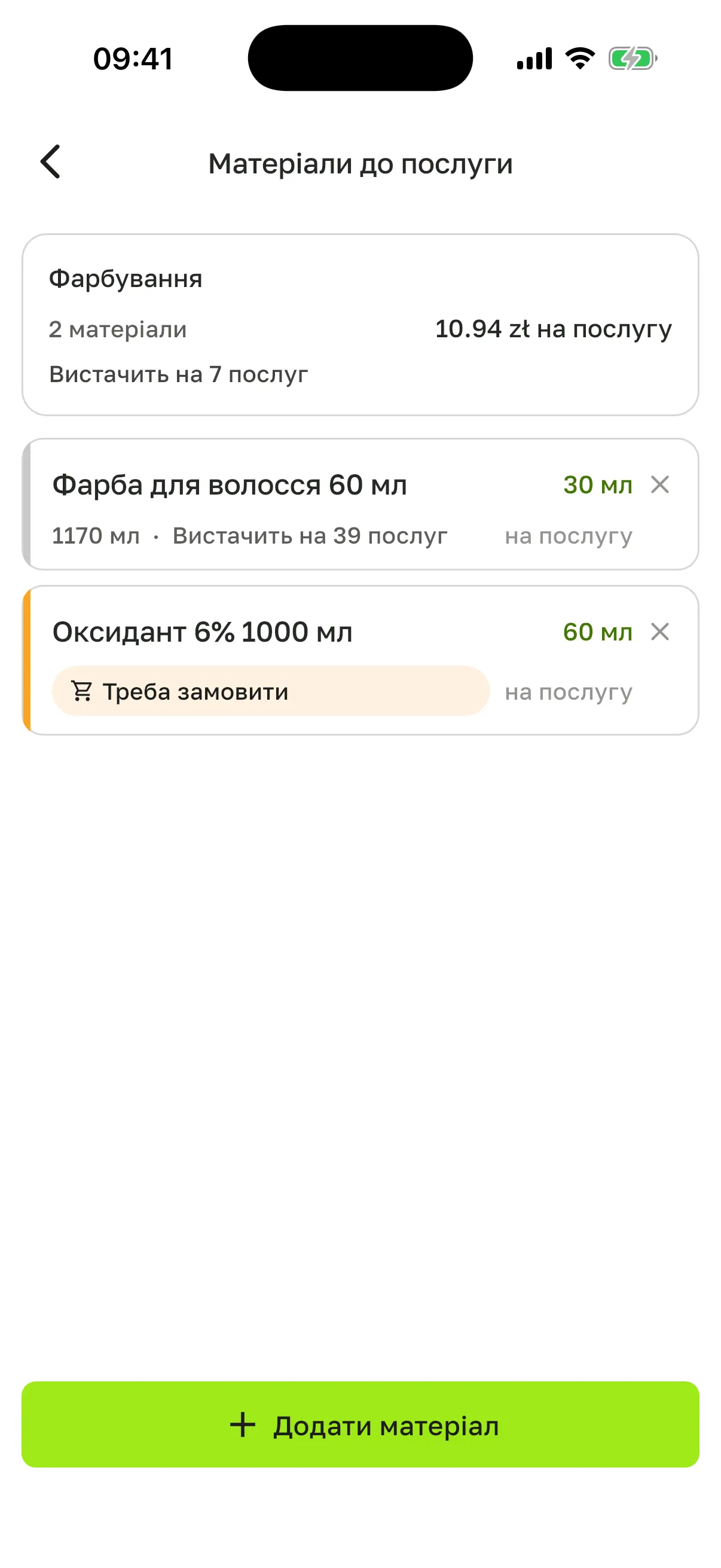 Екран «Матеріали до послуги» для «Фарбування»: «2 матеріали», «10.94 zł на послугу», «Вистачить на 7 послуг»; «Фарба для волосся 60 мл» – 30 мл на послугу, 1170 мл, «Вистачить на 39 послуг»; «Оксидант 6% 1000 мл» – 60 мл на послугу, «Треба замовити»; кнопка «Додати матеріал»