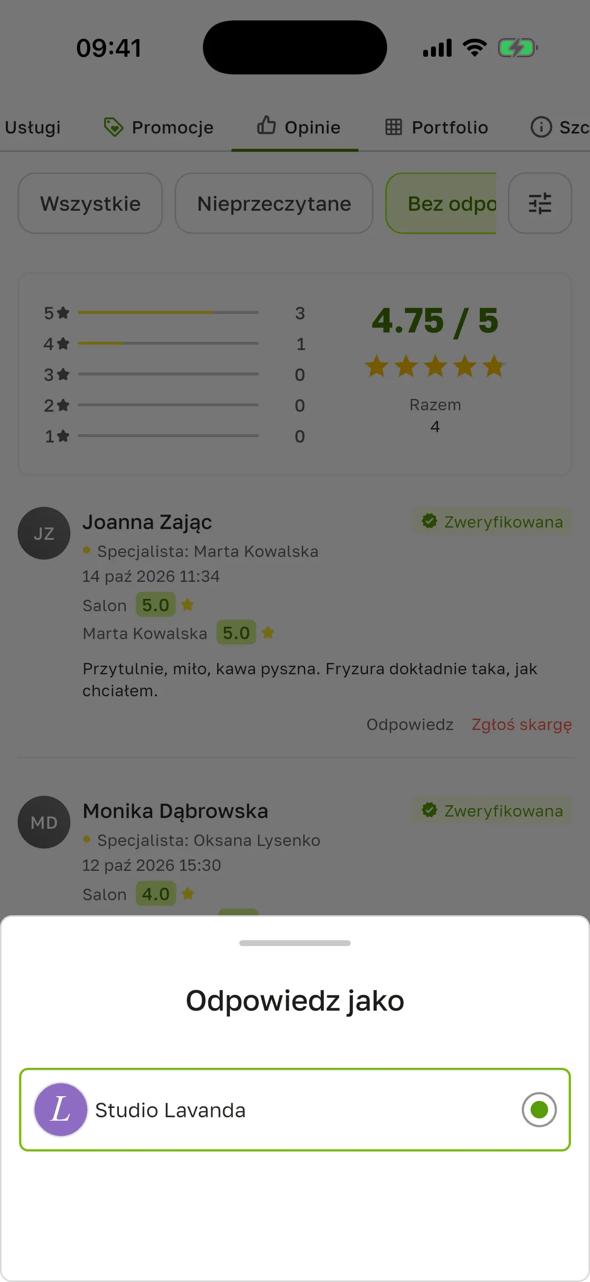 Filtr „Bez odpowiedzi”: pod opinią Joanny Zając przycisk „Odpowiedz”, na dole okno „Odpowiedz jako” z jedną opcją – salonem „Studio Lavanda”