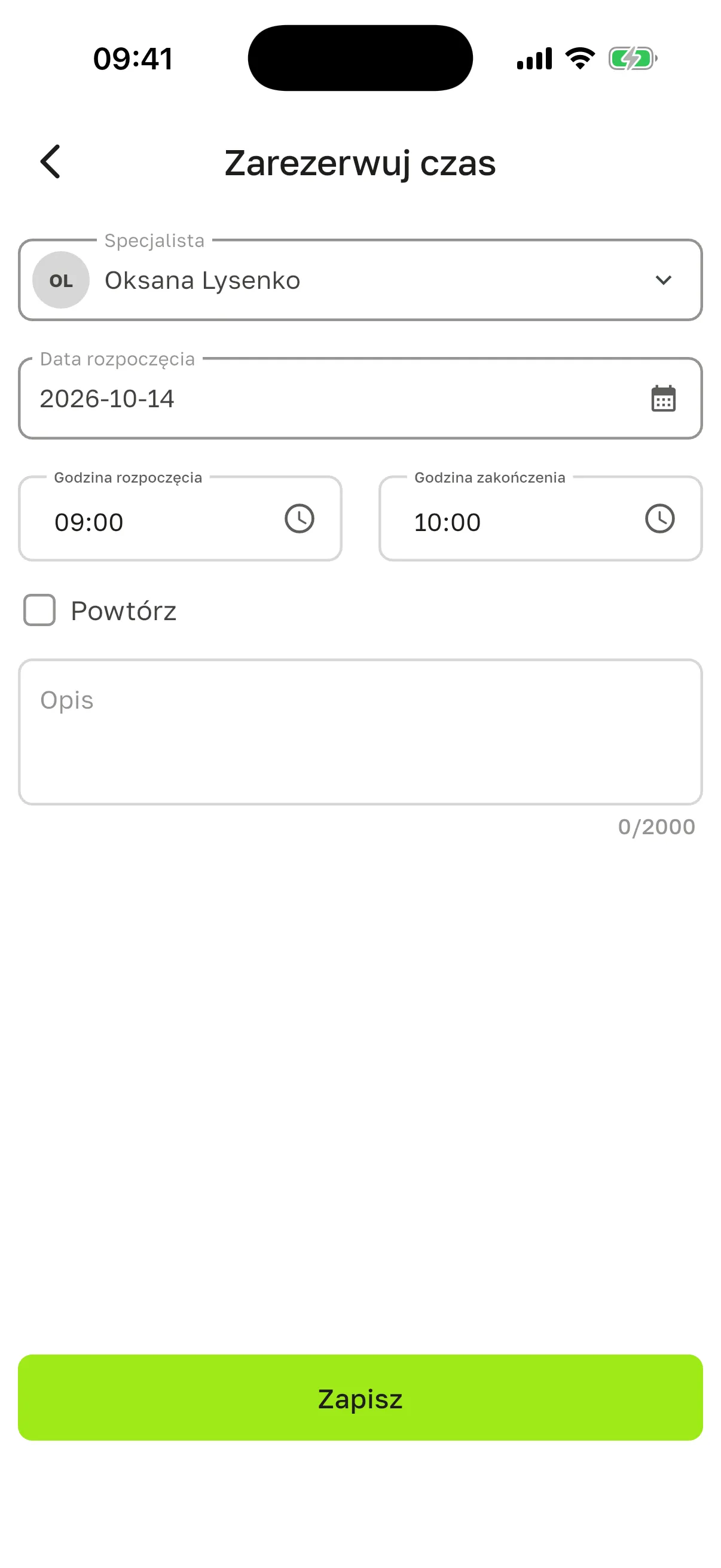 Ekran „Zarezerwuj czas”: „Specjalista” Oksana Lysenko, „Data rozpoczęcia” 2026-10-14, „Godzina rozpoczęcia” 09 i „Godzina zakończenia” 10, pole wyboru „Powtórz”, „Opis” i przycisk „Zapisz”
