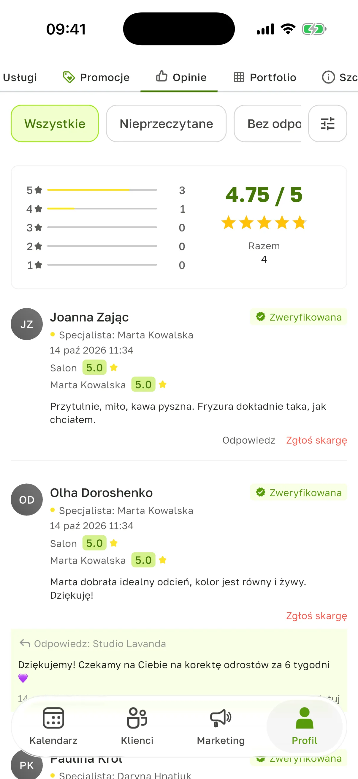 Karta „Opinie” w profilu: filtry „Wszystkie”, „Nieprzeczytane”, „Bez odpowiedzi”, średnia ocena 4.75 / 5 z podziałem na gwiazdki, opinie z oznaczeniem „Zweryfikowana”, „Zgłoś skargę” i odpowiedź salonu z „Edytuj”