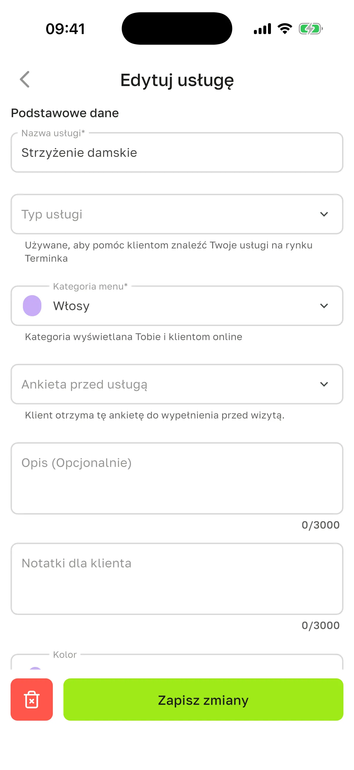 Ekran „Edytuj usługę”: blok „Podstawowe dane” z polami „Nazwa usługi”, „Typ usługi”, „Kategoria menu”, „Ankieta przed usługą”, „Opis (Opcjonalnie)”, „Notatki dla klienta”, czerwony przycisk z koszem i „Zapisz zmiany”