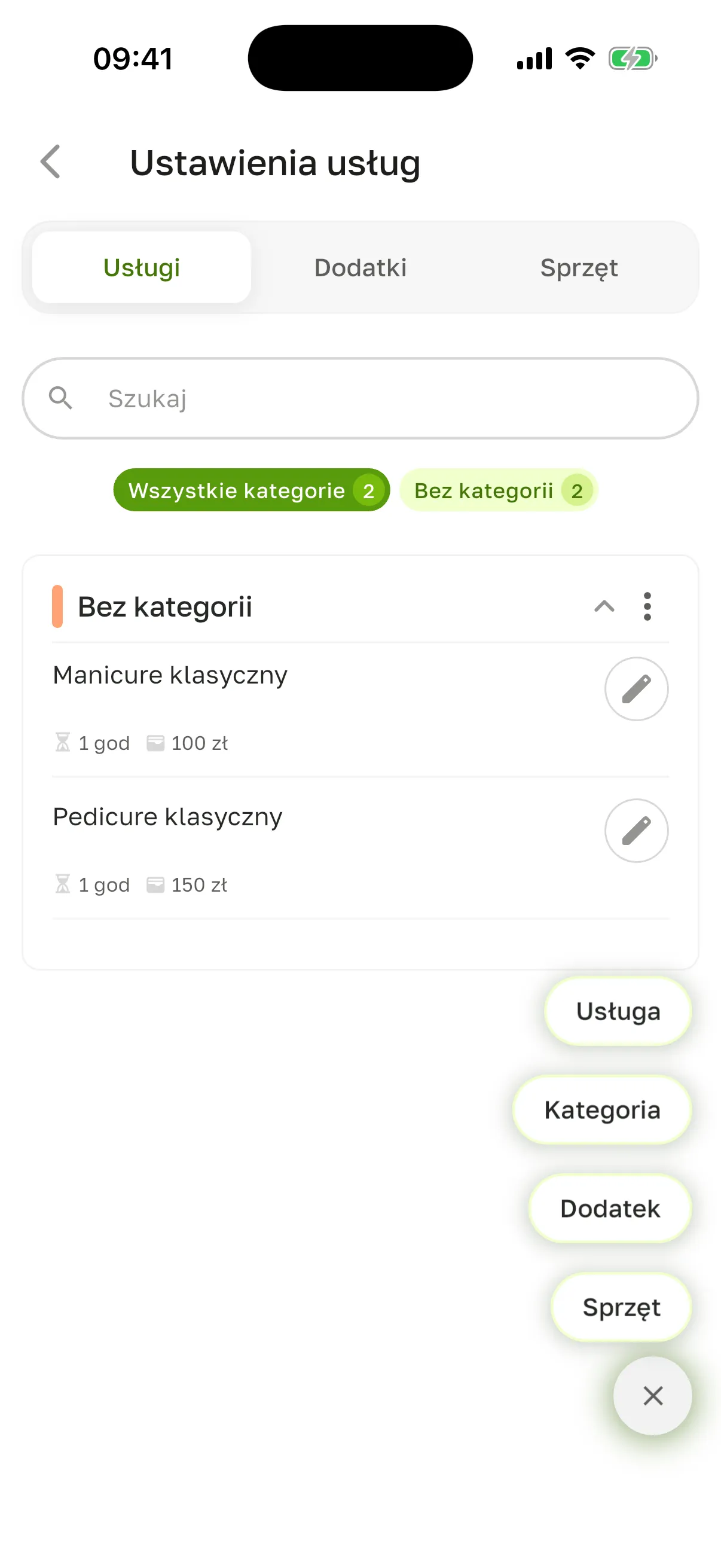 Otwarte menu zielonego przycisku: „Usługa”, „Kategoria”, „Dodatek”, „Sprzęt”