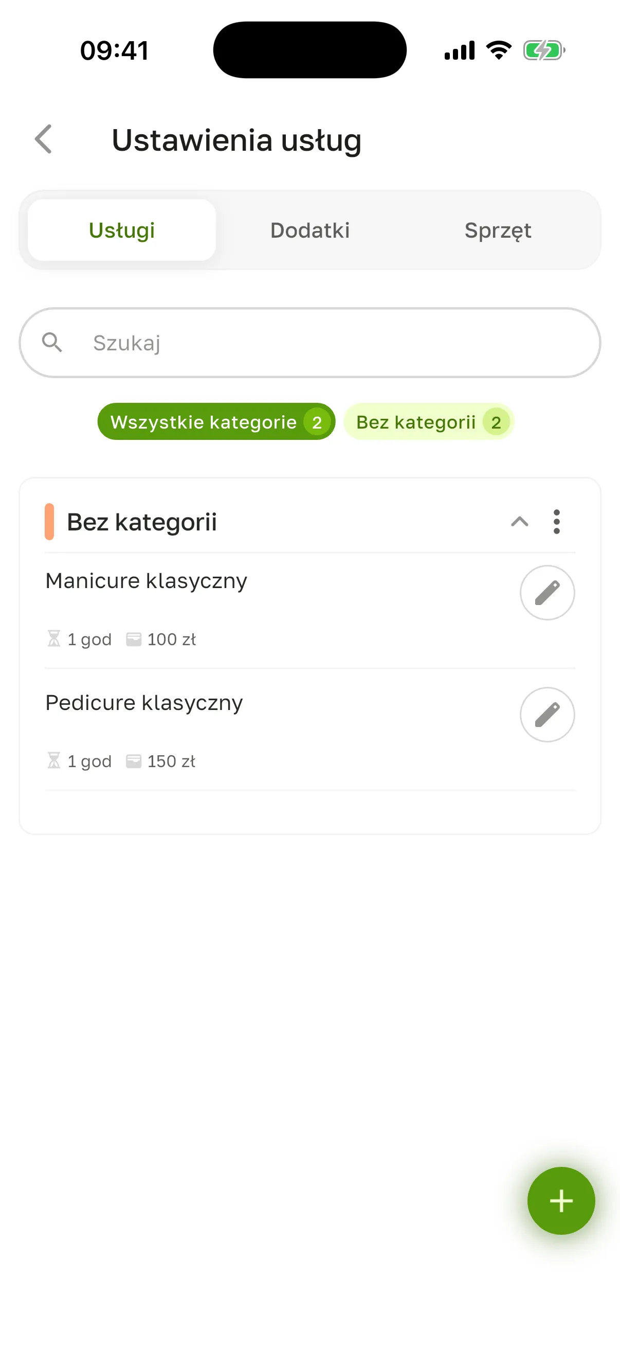 Ekran „Ustawienia usług” w nowym salonie: karty „Usługi”, „Dodatki”, „Sprzęt”, wyszukiwarka, czipy „Wszystkie kategorie” i „Bez kategorii” oraz dwie usługi z pierwszej konfiguracji – „Manicure klasyczny” (1 god, 100 zł) i „Pedicure klasyczny” (1 god, 150 zł)